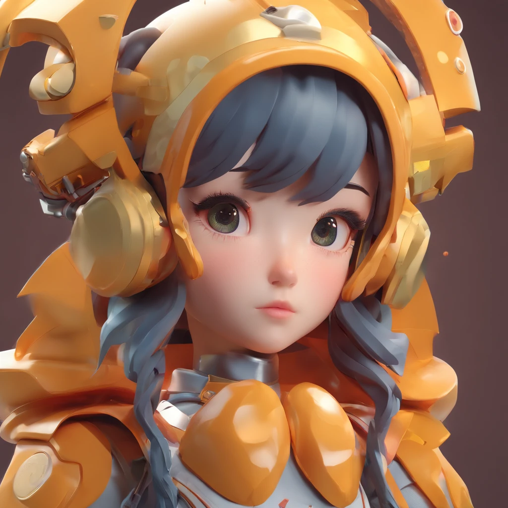 Soft clay character style：masterpiece artificial empathy, full body view, Close up of doll in mechanical fantasy style costume, full bodyesbian,Black hair,Don't get too big with dark eyes,The tip of the nose is reddish,with a melancholy expression,Simple rubber texture clothes,Soft clay material,anime styled 3d, 8k high-quality detailed art, Stylized anime, 3 d render stylized, Cute detailed digital art, lovely art style,  Mechanical fantasy style background,8K, cute 3 d render, render of a cute 3d anime girl, Anime Stylization, adorable digital art,Soft lighting,The light is dim and yellow,,Sense of light and shadow,
