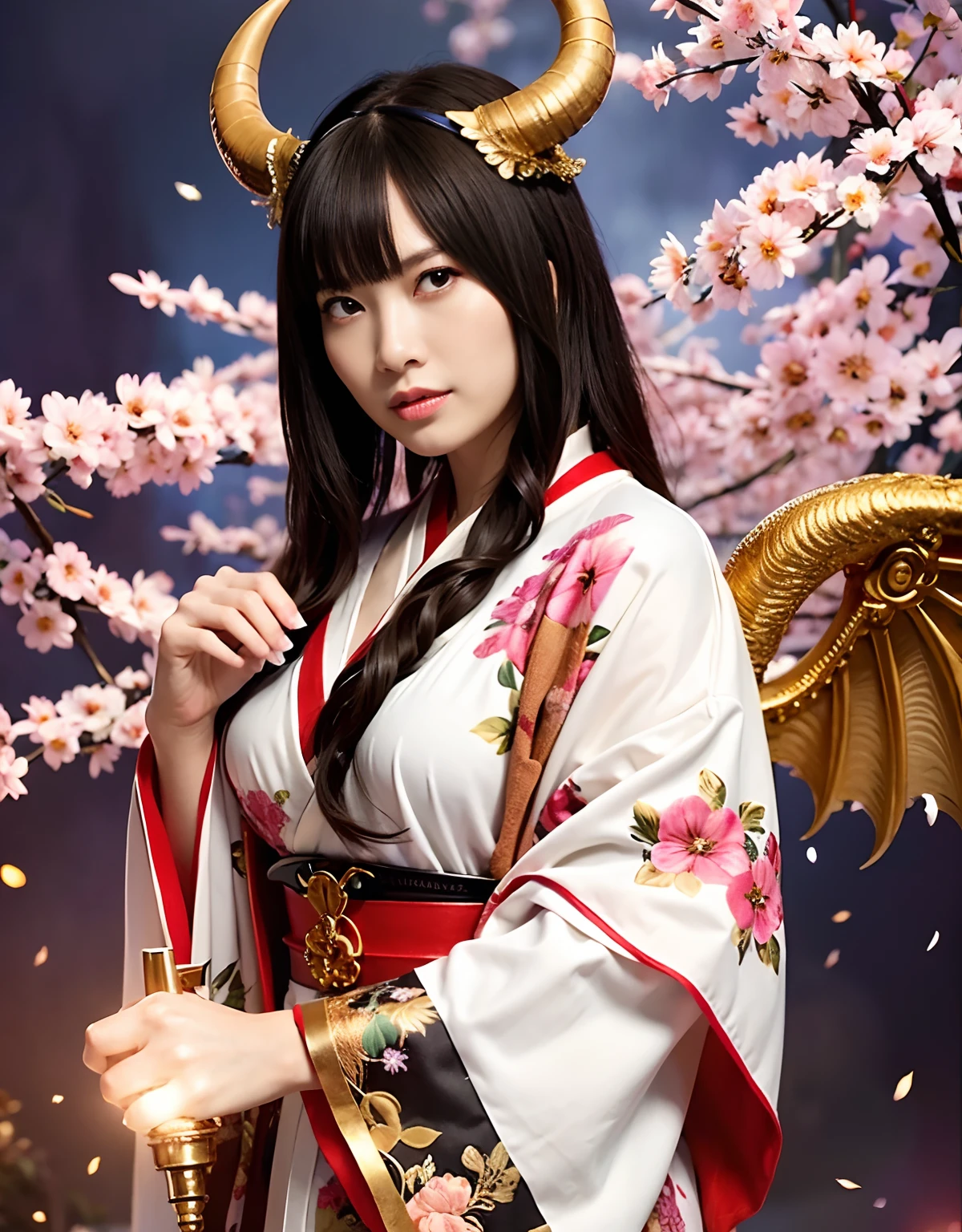 ((World of Darkness)),Professional , masterpiece、top-quality、photos realistic , depth of fields 、(sexypose)、(Background of cherry blossoms in full bloom),(Ultimate Beauty)、A dark-haired、(White bikini armor)、(Kimono with beautiful pattern)、(Night background)、((a dark night)),(Wear a beautiful kimono),(Wear a beautiful kimono with colorful floral patterns)、Jewel Gold Weapon、Particles of light),(Has a devil's mask)、Gorgeous gold weapons ,(( Gorgeous Dragon Sword)) , (a dark night),,(maikurobikini) 、((Black Haired Beautiful Girl))、(Castle background)、(demonic wings)、((Gangle's forest background))、Beautiful Caucasian beauty、1a person、dynamic ungle,(((Two devil's horns on the head)))、Smaller head、Idle Smile、Thin and beautiful female hands、Mystical expression、Light Effects、intense fighting、Wind-effect、magic circles、With the legendary magic wand、Dragon's tail、