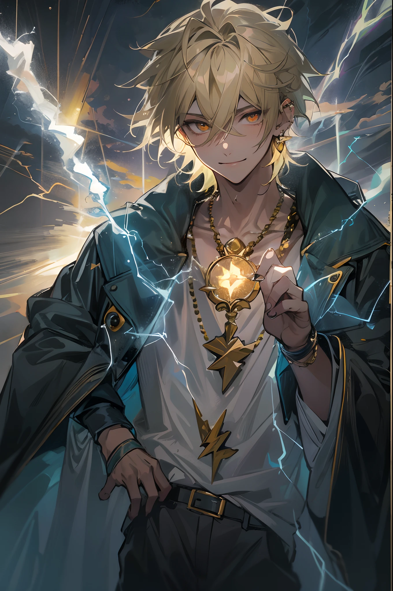 Masterpiece, absurdres, fine detail, HDR, solo, looking at viewer, smile, shirt, blonde hair, 1boy, hair between eyes, jewelry, jacket, golden eyes, upper body, male focus, earrings, necklace, ear piercing, FH , lightning mage, toned, lightning mage robe, electrical aura, early 20s,