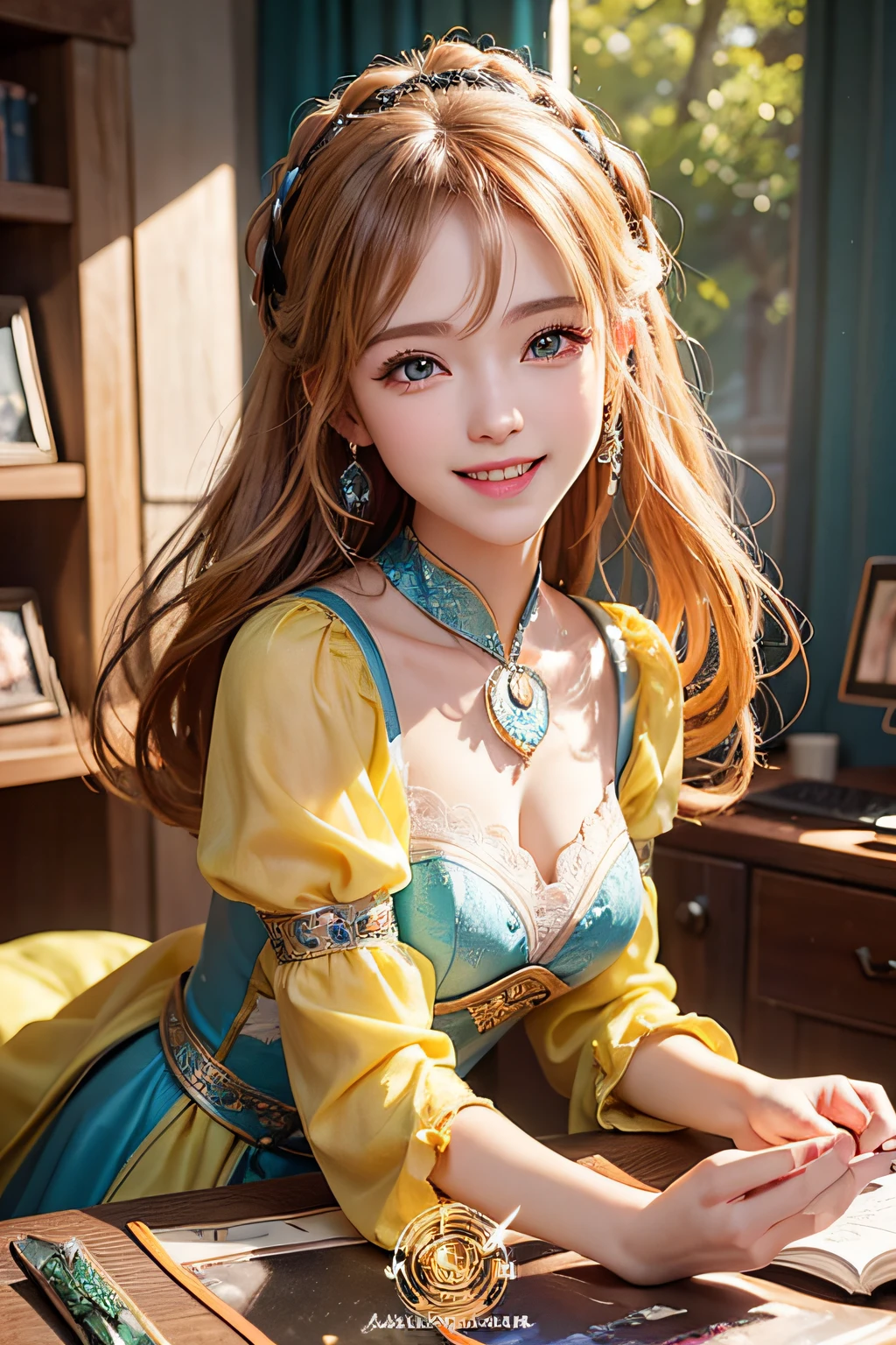 (((Look here and smile)))、18year old、(Previous Focus)、Portrait of a woman、Fantasy Art、photoRealstic、Dynamic lighting、art  stations、poster for、Volume Lighting、Very cute face、、Award-winning、(Bright clothing:1.4)、