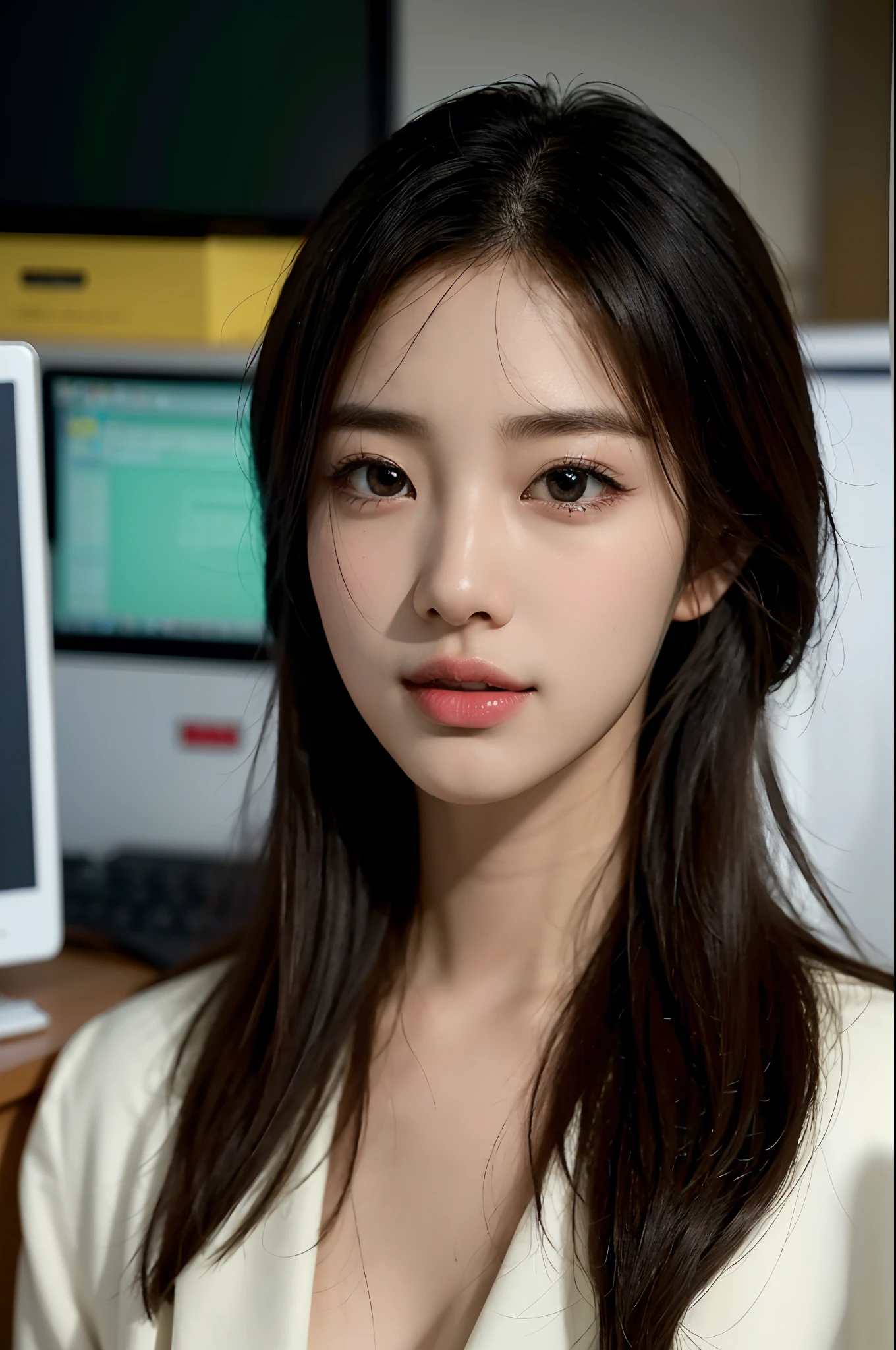 High-res, Realistic portrait of professional korean office lady with perfect skin，Professional suits，Women's suits，stand posture，The upper part of the body，Women in the workplace，Show confidence and maturity, Surrounded by a modern corporate environment, Vibrant and naturally lit highlights. The artwork should emphasize her elegant facial features, Including charming long eyes, Fluttering eyelashes and seductive lips. The scene should be enhanced with elements of professionalism and visual appeal，For example, Stylish work desk, Mainframe computers, High-resolution display, and complex stationery. The overall tone should be warm and professional, Has a soft and natural color palette. The artwork should exude a sense of professionalism, Success, and cultural pride，The background is blurred out