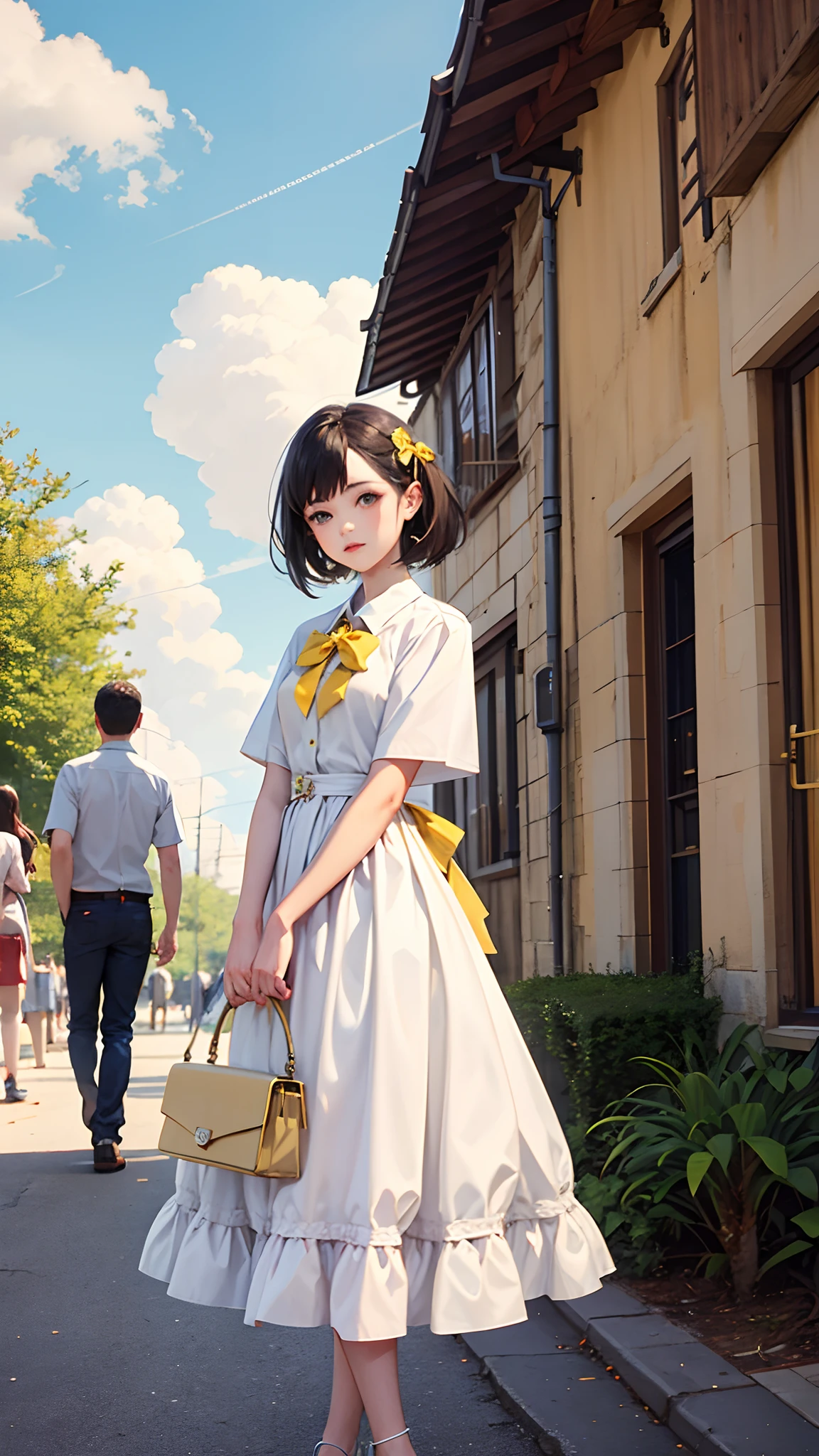 Fanart; 1girll, 1boys, dress, Outdoors, with blue sky and white clouds, yellow bow,, Ultra detailed