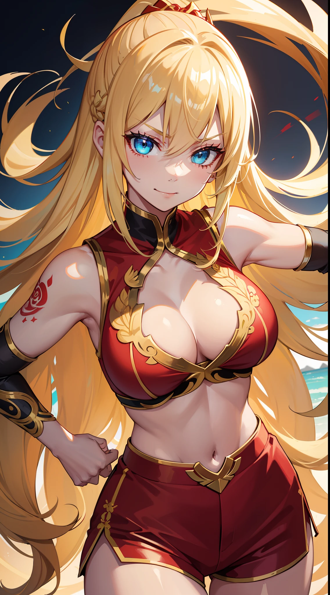 young girl, longue blonde hair, Hairpin with a bundle, turquoise eyes, Yakuza tattoos, red tight uniform, Sleeveless, Wide neckline on the chest to the abdomen, Gold Elements, Red gold armor, Shorts, claws, smirk, Masterpiece, hiquality, 4k, HD, Good detail