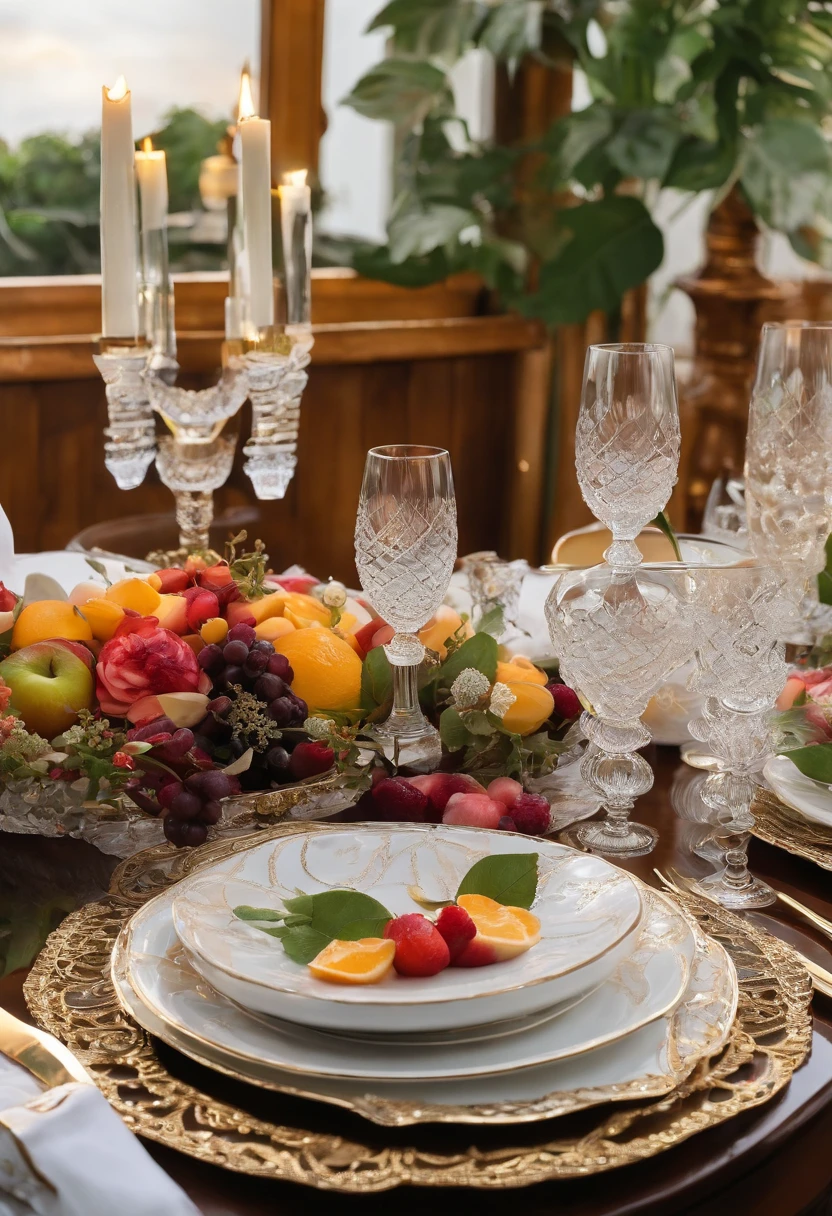 (Best quality,4K,8K,A high resolution,Masterpiece:1.2),Ultra-detailed,Amazingly beautiful table set,Delicate flower arrangement,Natural lighting,Golden candlelight,Soft and warm color palette,Inviting atmosphere,Homely,Simple and elegant,Harmonious composition,Meticulous attention to detail,subtletextures,Tastefully furnished,Translucent glassware,Delicious fresh fruit,Crystal clear water droplets on the fruit,Crispy and juicy,Refreshing,Lovely scent of flowers and fruits,Exquisite porcelain dinner plate,Smooth and glossy surface,Vintage silverware,Exquisite and gorgeous design,Romantic and cozy atmosphere,Relaxing and comfortable,serenity and calm,Healthy and inviting,Tablecloth with intricate lace pattern,Elegant pleats and curtains,Rich brown color,Subtle shadows and highlights,soft natural lighting,A soothing and peaceful atmosphere,A central ornament made of vibrant seasonal flowers,Delicate buds and flowers,a faint fragrance in the air,The petals are beautifully arranged,Soft and natural texture,A warm and inviting color palette,Authentic and rustic elements,Crimson wine,Crystal clear wine glasses,Bubbles that surface,Candlelight reflection,glittery,Cleavage is seductive,Green leaves and green leaves,Add a touch of freshness and nature,Lovely contrast between greenery and fruit,Symbolizes abundance and vitality,A feast for the senses.in a panoramic view