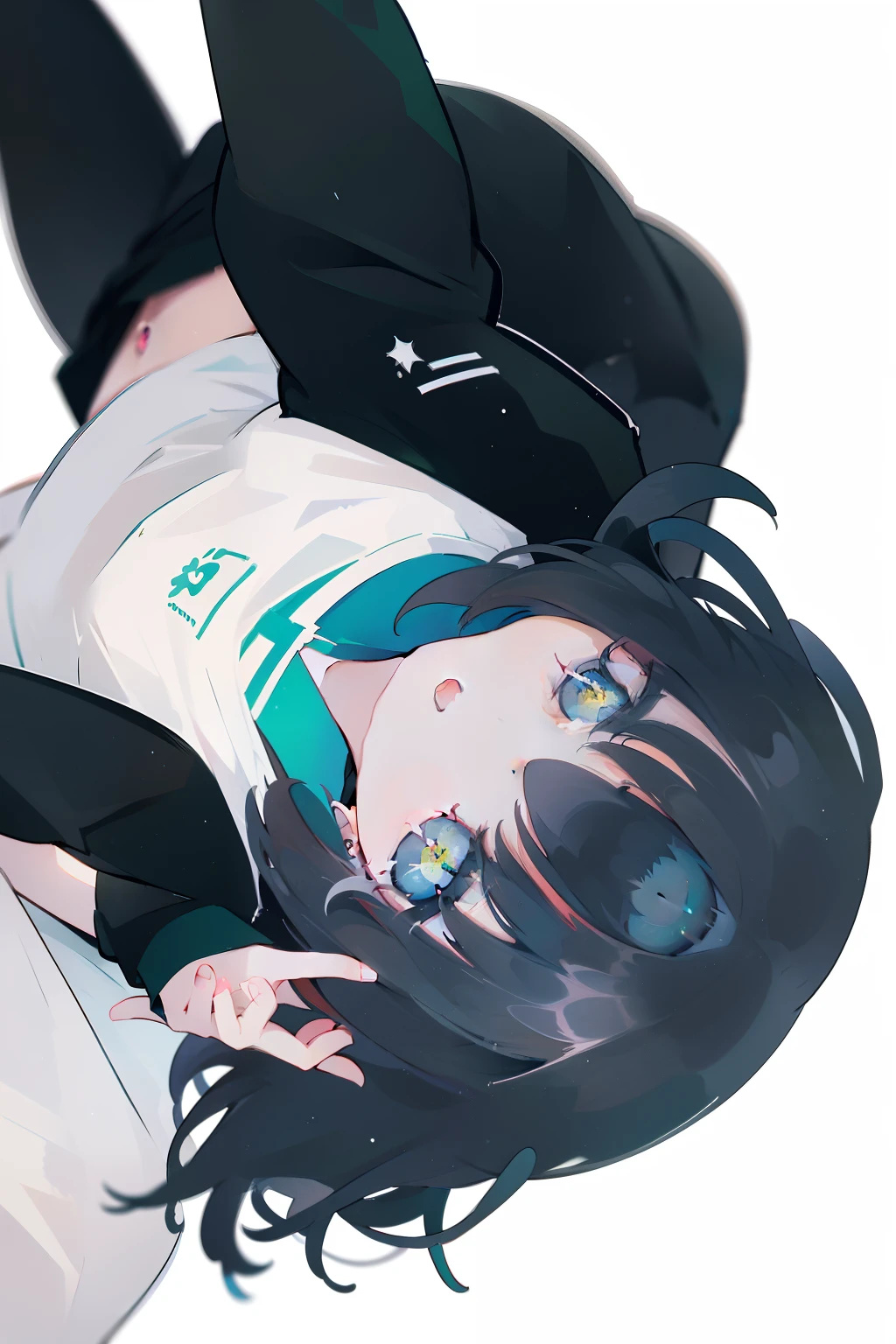 1 cat girl, short black hair, green eyes,White background