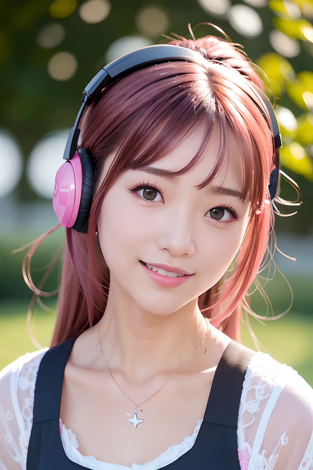 m LT camera，Background bokeh，sharp fokus，looking at viewert，realisticlying，realisticlying，独奏，realisticlying，extremely detail face，ssmile，eardrop，Pink headphones，style of anime，Wearing a necklace，Tide suit，A shy look，Extremely detailed eyes and face，beatiful detailed eyes，tmasterpiece、Cinematic texture、super detailing，Pink hair，Flying in the air