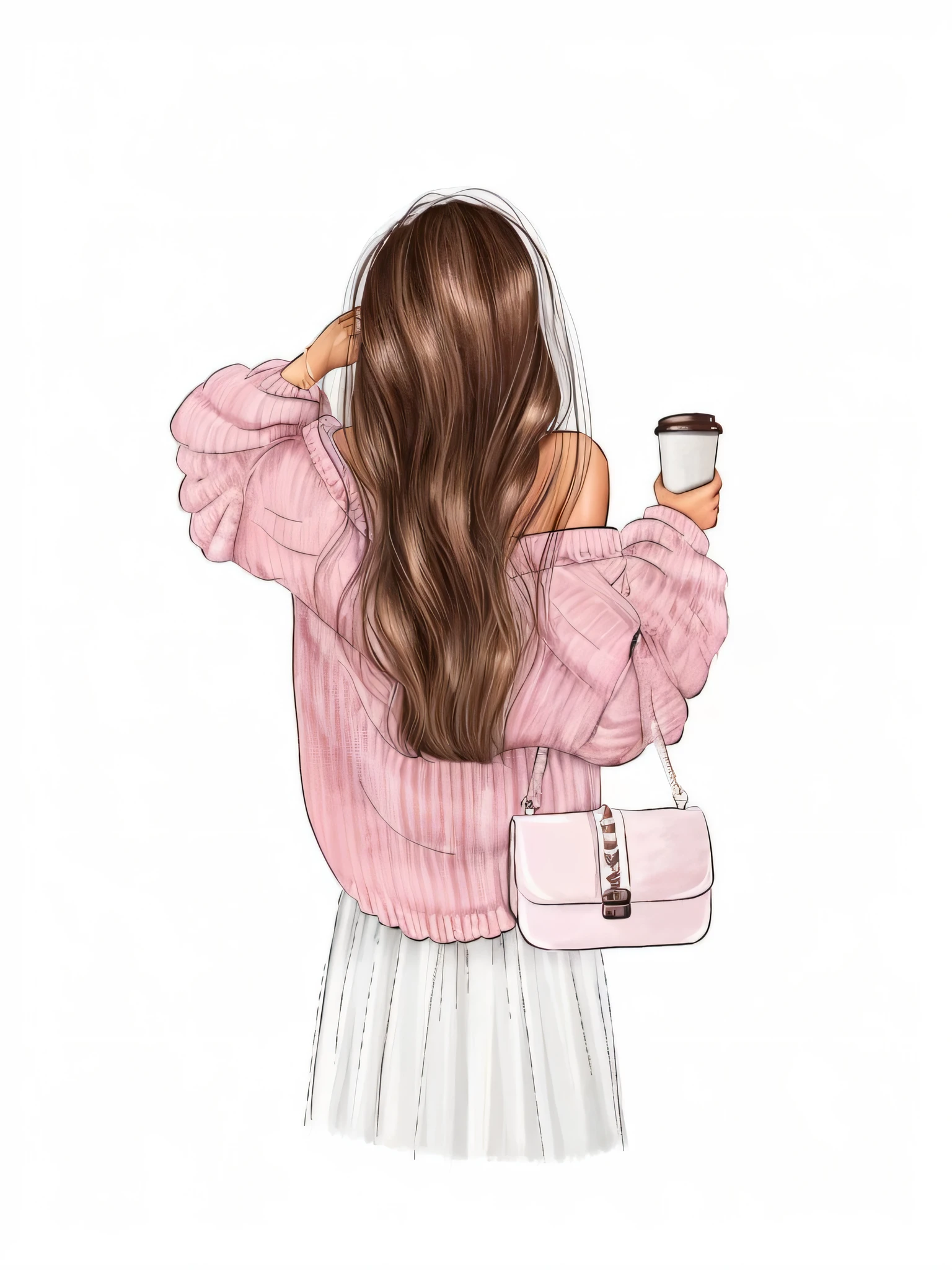 A woman with long hair holds a cup of coffee and a purse, Pink clothes, beautiful drawing style, Drawing style, Pink girl, detailed fashion illustration, luxury fashion illustration, wearing a pastel pink hoodie, drinking a coffee, morning time, dressed with long fluent clothes, wearing a pink hoodie, long hair girl, voluminous sleeves, ((Pink)), fashion illustration