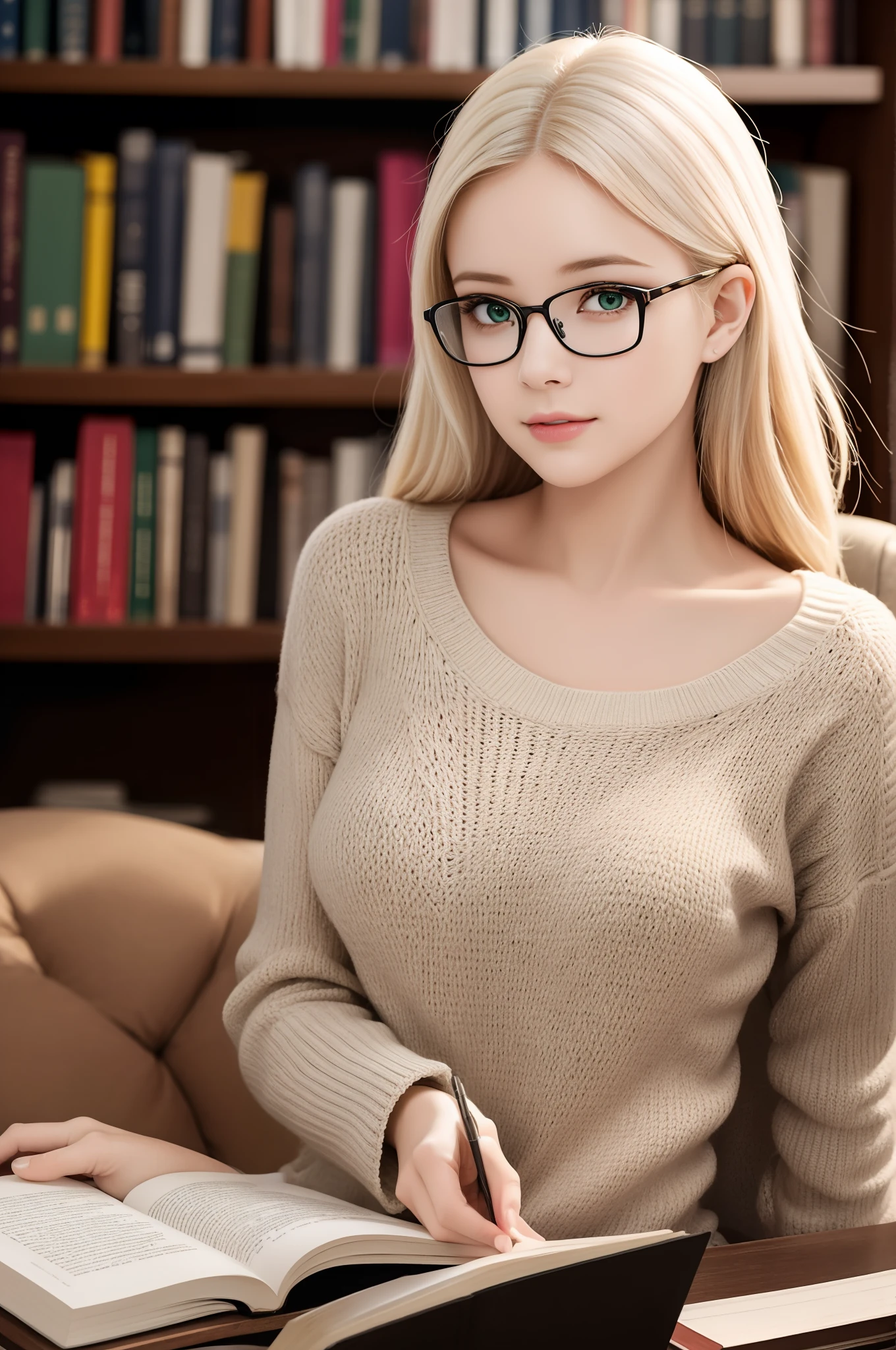 (best quality, ultra-detailed), a girl reading a textbook, beautiful detailed eyes, (green eyes:1.2), beautiful detailed lips, longeyelashes, studying, a quiet library, soft natural lighting, bookshelves filled with books, curled up on a cozy armchair, reading glasses, concentrated expression, flowing hair, (white hair:1.2), plaid skirt and sweater, high-res image, vivid colors, ultra-realistic, photorealistic, photograph, photogenic, bokeh.