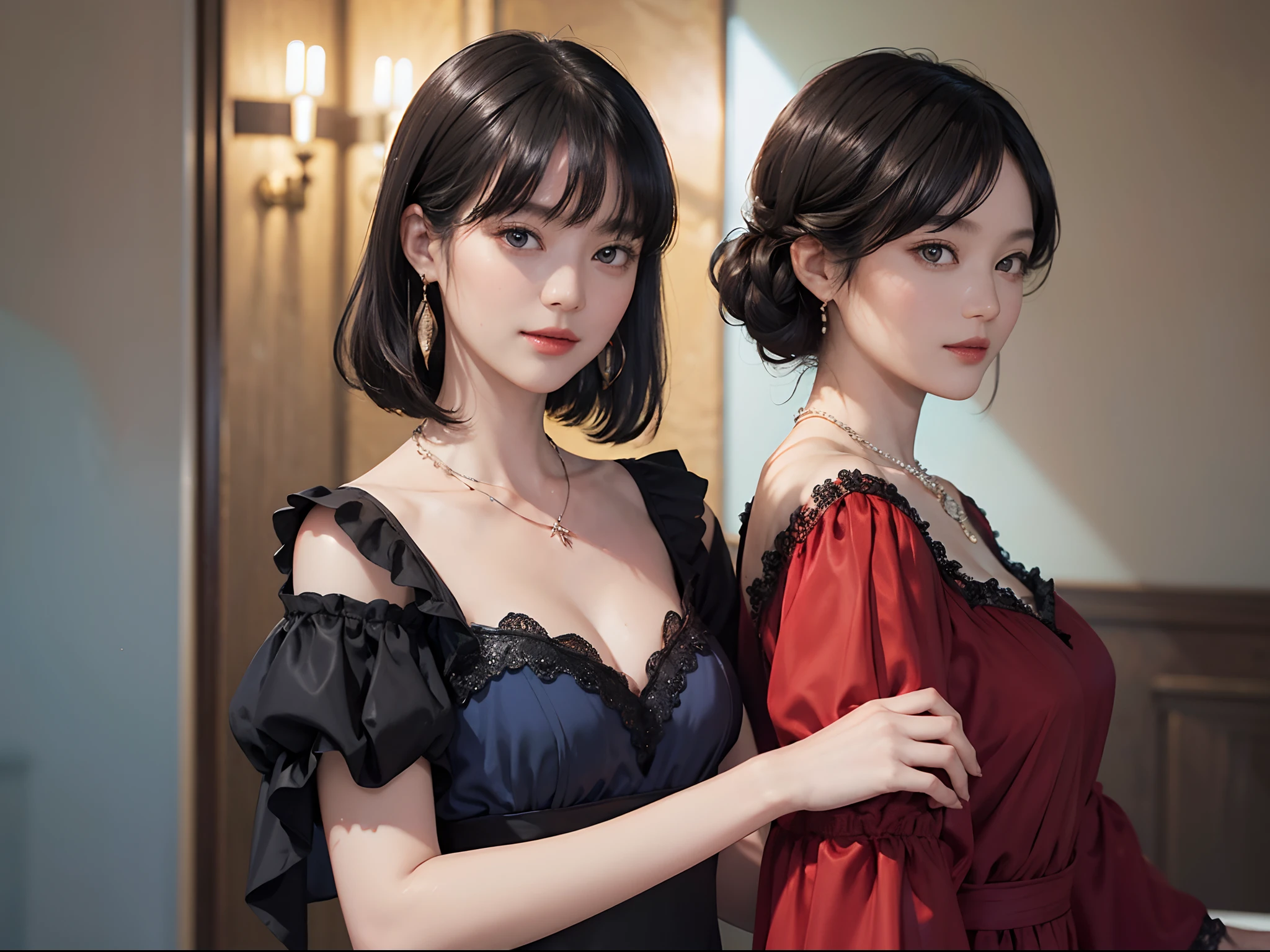 ((1womanl)),  (((Black Shorthair))), （masuter piece：1,2）、top-quality、​masterpiece、hight resolution、Original、highly detailed wallpaper、dress code、Luxurious necklace, A slight smil、a small face、(Breast)、(Red or blue dress)、Live-action style