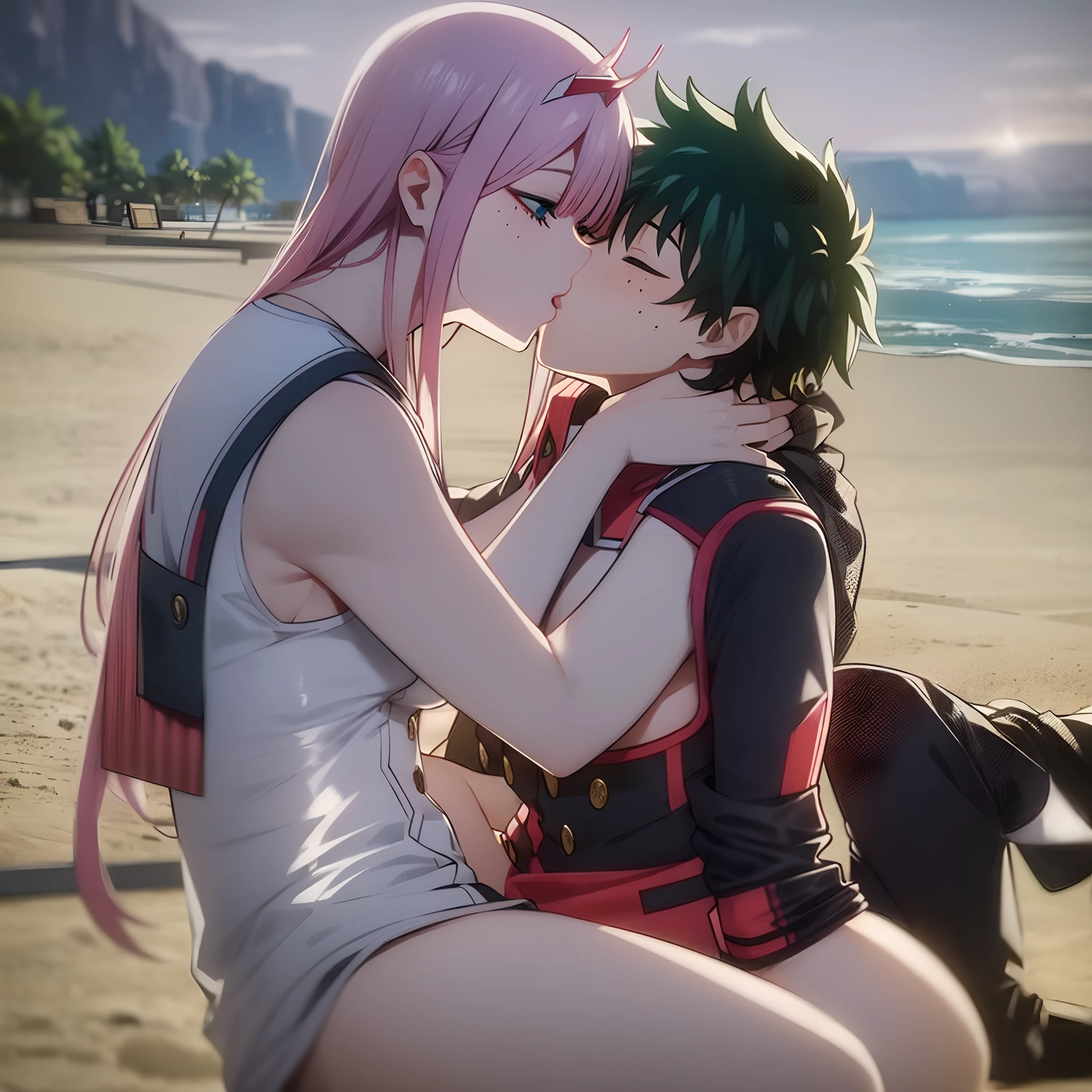 zero two, 1girl, zero two naked_shirt,vest_print:, izuku from bnha, izuku and zero two being a lovey dovey couple very affective in a beach, izuku with pants and pullover, love , happy, ,1girl,, ,sitting, standing, french kiss, kissing, 1boy, couple, husband and wife