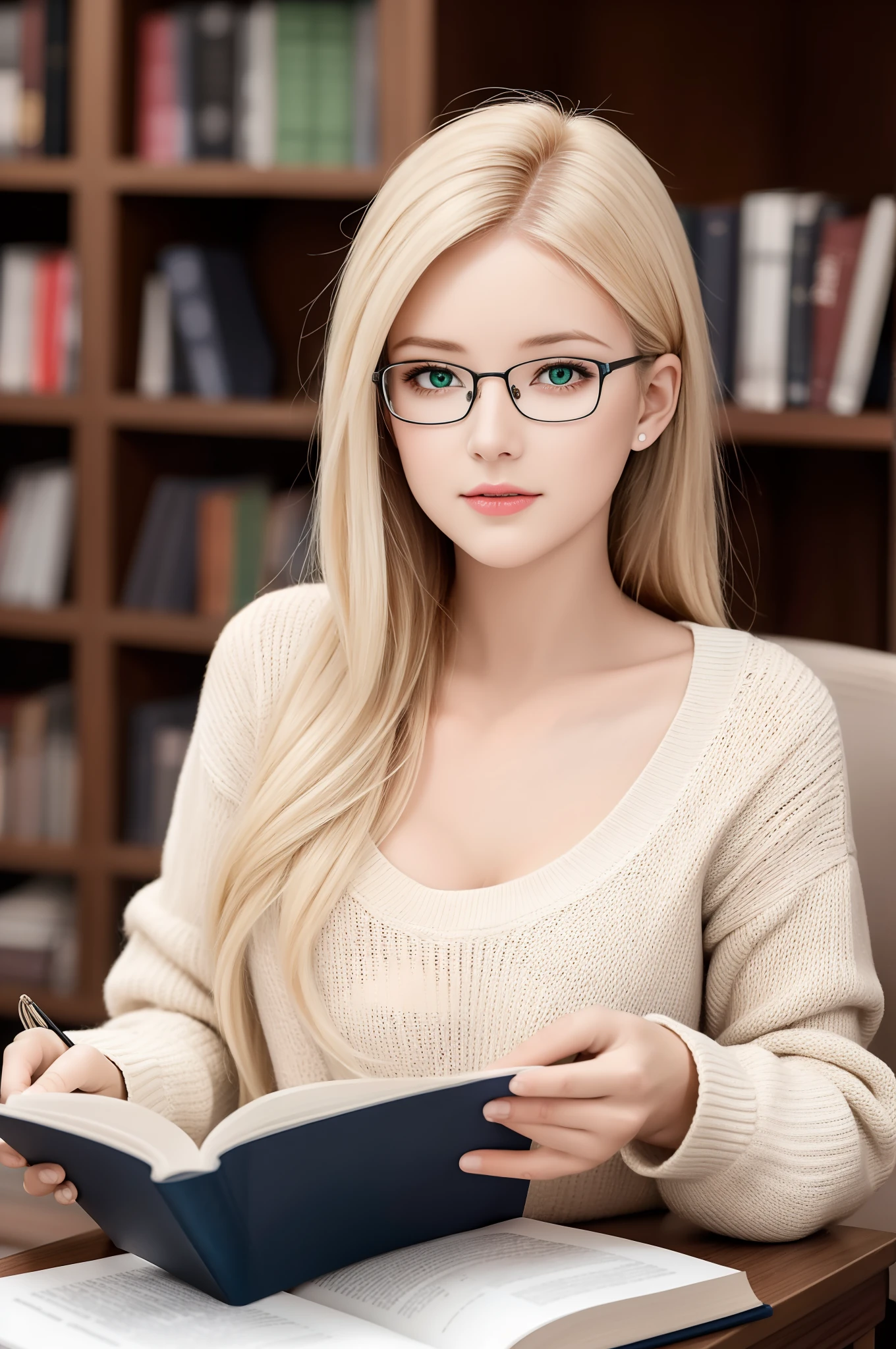 (best quality, ultra-detailed), a girl reading a textbook, beautiful detailed eyes, (green eyes:1.2), beautiful detailed lips, longeyelashes, studying, a quiet library, soft natural lighting, bookshelves filled with books, curled up on a cozy armchair, reading glasses, concentrated expression, flowing hair, (white hair:1.2), plaid skirt and sweater, high-res image, vivid colors, ultra-realistic, photorealistic, photograph, photogenic, bokeh.