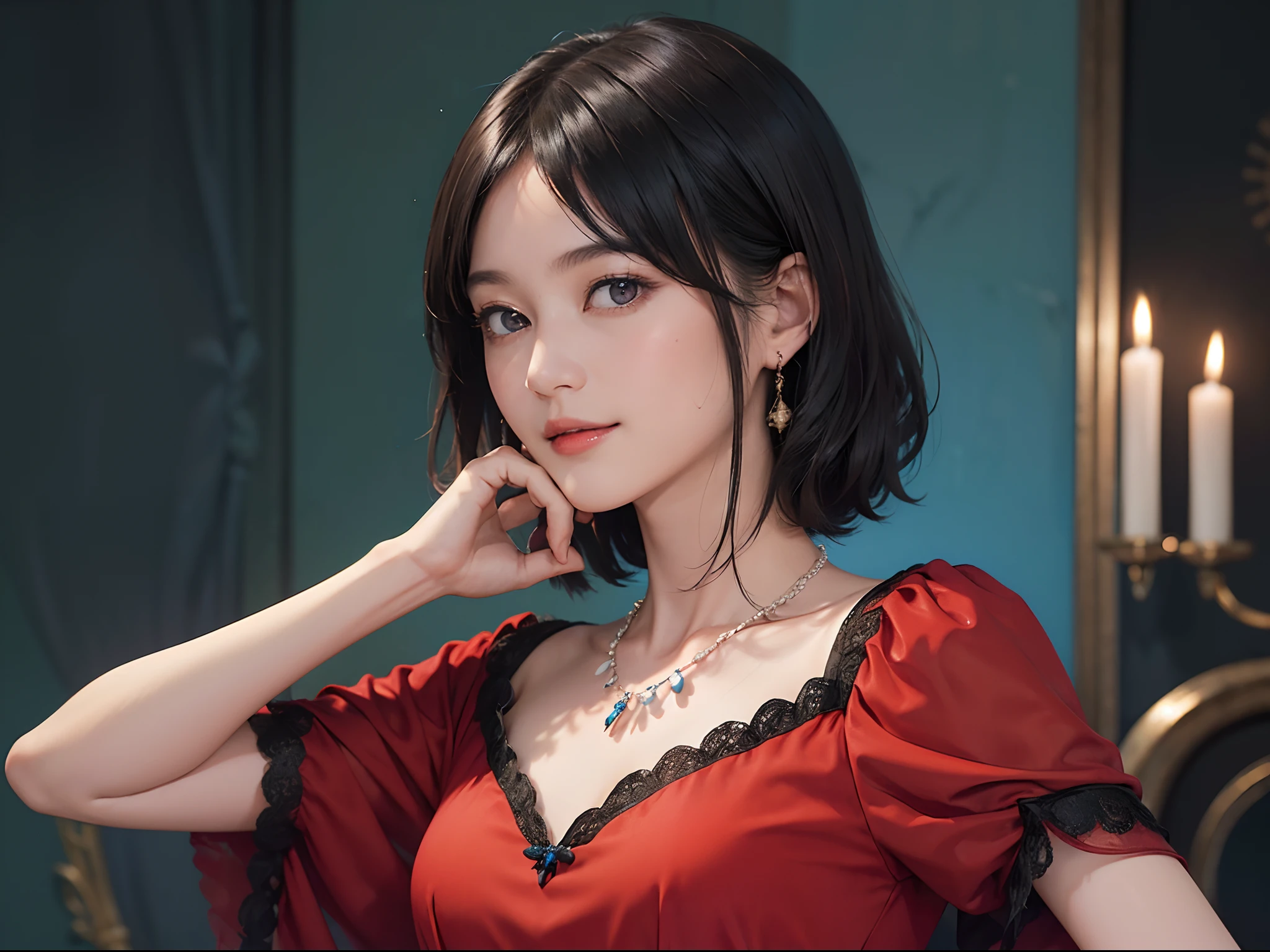 ((1womanl)),  (((Black Shorthair))), （masuter piece：1,2）、top-quality、​masterpiece、hight resolution、Original、highly detailed wallpaper、dress code、Luxurious necklace, A slight smil、a small face、(Breast)、(Red or blue dress)、Live-action style