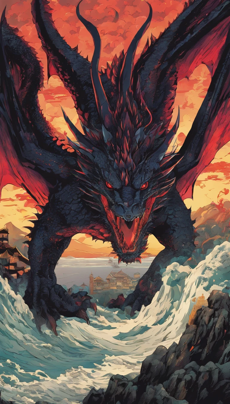 (Best quality,4K,High-res,Masterpiece:1.2),Extremely detailed,Gigantic,Western Dragon,Black Dragon,immensity,Ferocious creatures,Terrifying,Sharp scales,Vibrant colors,hot atmosphere,treasure,soaring through the sky,Overwhelming presence,Majestic wingspan,Sinister gaze,mythological creatures,mito