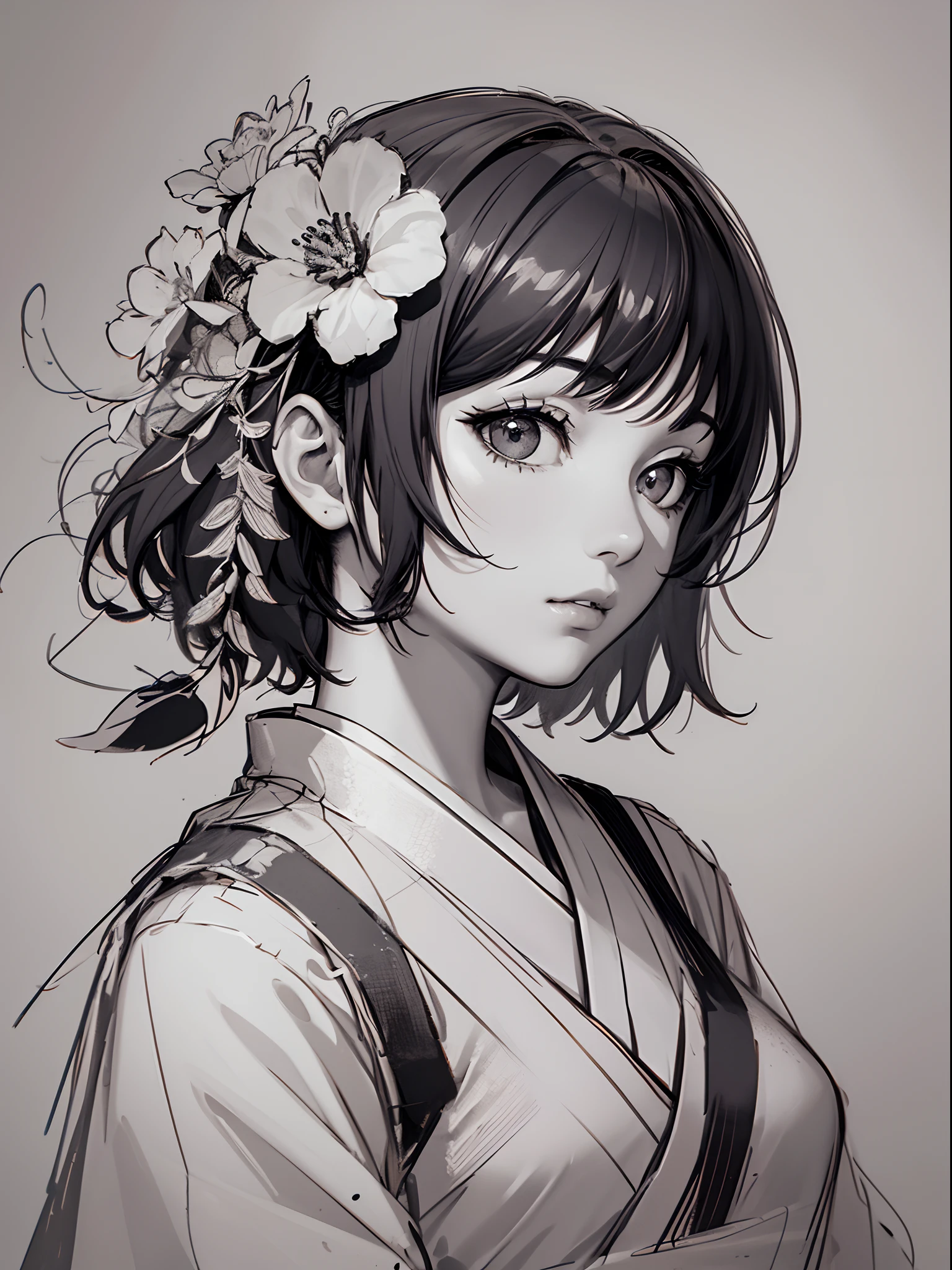Wait for the sexy warrior, Pretty face, Delicious company, A captivating sight, Wearing a sexy open kimono. The work is created in a medium reminiscent of Japanese ink painting.。....., 具有大胆的笔触和Monochromatic color palette. Artist&#39;Stunning technique gives the image strength and power&#39;Presence，Highest quality, Ultra-high resolution captures every detail. The texture and intricate patterns of the kimono are expressed with extreme precision.. Lighting is carefully designed，Enhance the drama, Deep shadows and subtle highlights. general, This piece exudes elegance and strength., Combining traditional Japanese aesthetics with a modern sensibility. Monochromatic color palette, Putting the details together, Captivate viewers、Create immersive experiences.