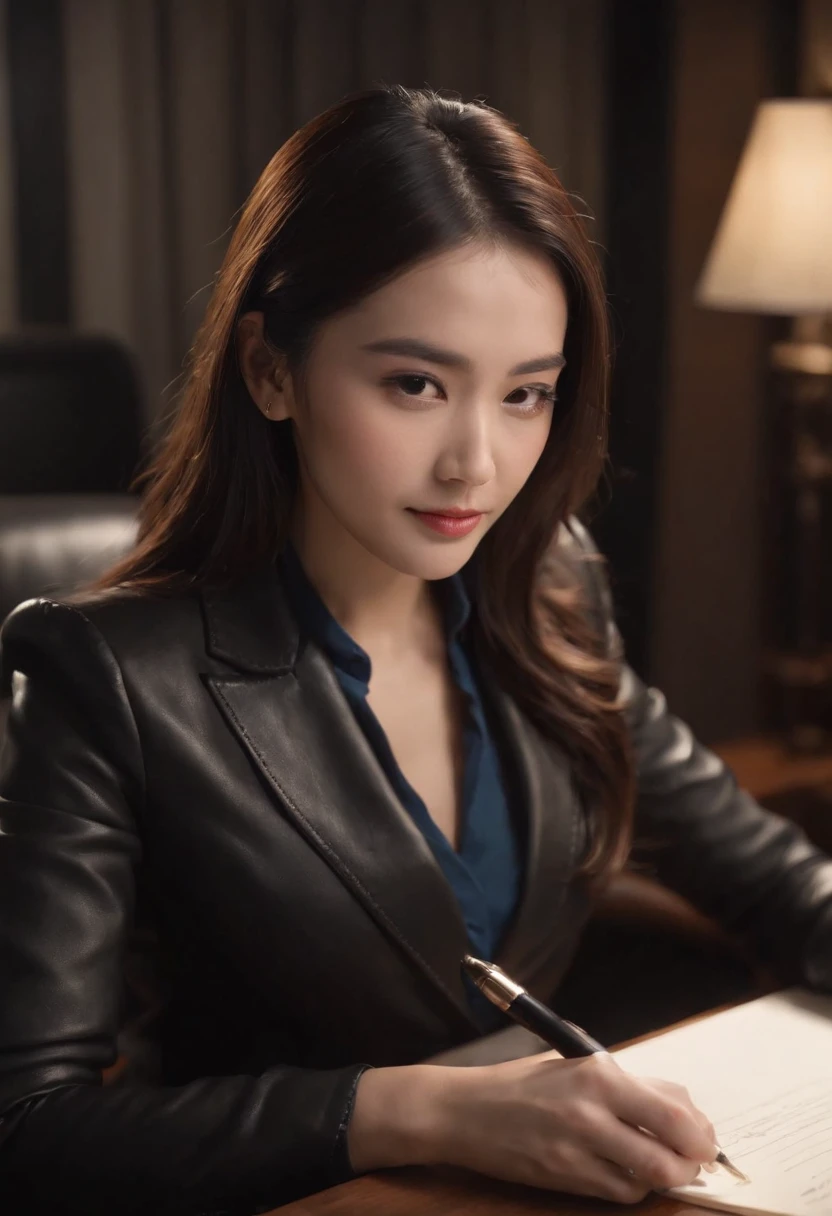 Wearing black leather gloves in both hands, upper body, black business suit, facing the desk in the modern study in the dark, looking down, smiling, writing a letter using a fountain pen, long black hair bundled in the back, still young, young and very cute Japanese female new employee (black leather gloves cover both hands)