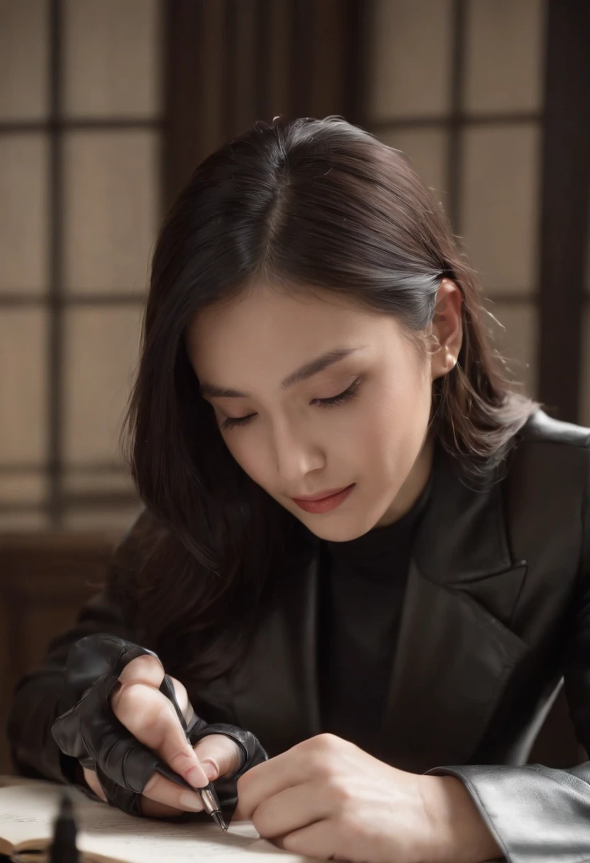 Wearing black leather gloves in both hands, upper body, black business suit, facing the desk in the modern study in the dark, looking down, smiling, writing a letter using a fountain pen, long black hair bundled in the back, still young, young and very cute Japanese female new employee (black leather gloves cover both hands)