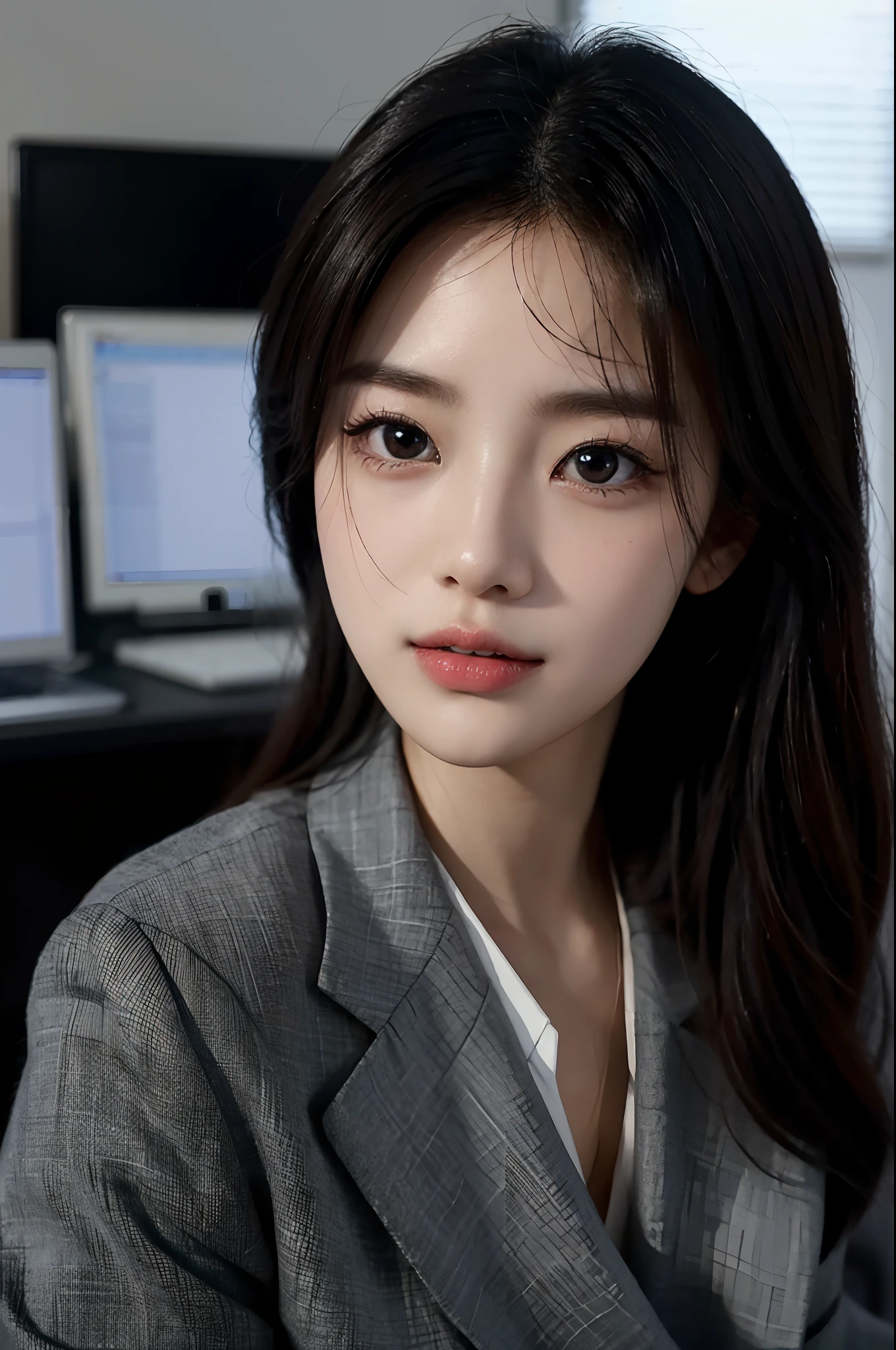 High-res, Realistic portrait of professional korean office lady with perfect skin,Professional suits,Women's suits,stand posture,The upper part of the body,Women in the workplace,Show confidence and maturity, Surrounded by a modern corporate environment, Vibrant and naturally lit highlights. The artwork should emphasize her elegant facial features, Including charming long eyes, Fluttering eyelashes and seductive lips. The scene should be enhanced with elements of professionalism and visual appeal,For example, Stylish work desk, Mainframe computers, High-resolution display, and complex stationery. The overall tone should be warm and professional, Has a soft and natural color palette. The artwork should exude a sense of professionalism, Success, and cultural pride,The background is blurred out