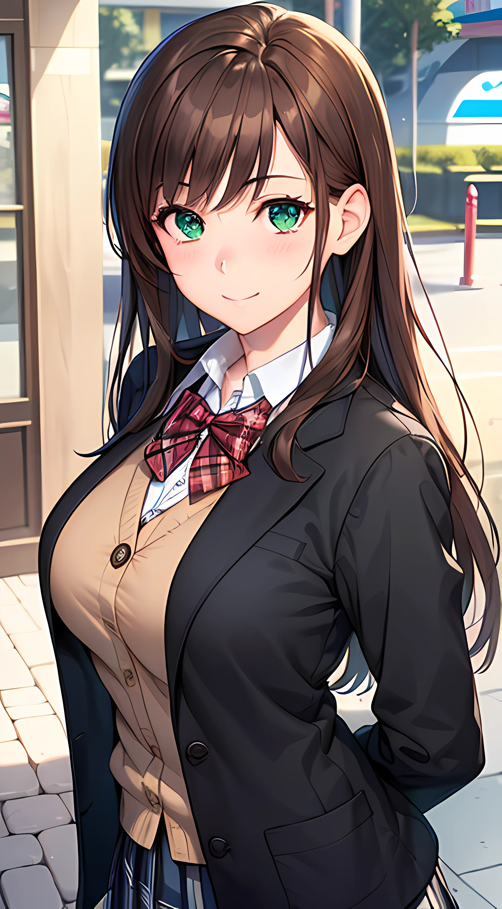 ((masterpiece, best quality, highres, UHD, perfect pixel, depth of field, 4k, RTX, HDR))), 1girl, single, solo, beautiful anime girl, beautiful artstyle, anime character, ((long hair, bangs, brown hair)), ((green eyes:1.4, rounded eyes, beautiful eyelashes, realistic eyes)), ((detailed face, blushing:1.2)), ((smooth texture:0.75, realistic texture:0.65, photorealistic:1.1, anime CG style)), medium breasts, dynamic angle, perfect body, ((portrait, pov)), ((red bowtie, school uniform, black jacket, open jacket, brown cardigan, white shirt, black skirt, plaid skirt)), smile, leaning forward, hands behind back, amusement park