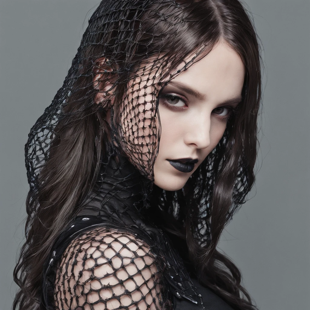Girl with gothic net symbolic clothes, 。.com (Barbed wire of the body) brunette color hair，Gray hair ends