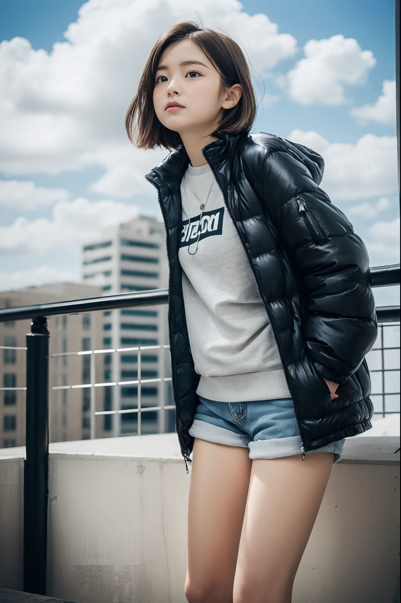 Winters、Sketch on the roof of a 、Rooftop fence、Girl looking up at sky and clouds、composition seen from below、A slender、Small、Small buttocks、Too cute girl, a cute Japanese girl, 13yo girl, a o of girl, small curvy loli, a miniskirt、Short pants、thighs thighs thighs thighs、Knees、Realistic Young Gravure Idol、Plain clothe、13 year old girl、umper、Down jacket、Variety of hairstyles, Medium Hair、Bery short hair、a baby face、Beautiful Japan Gio Real:1.4)、taken with canon 5d mk4, taken with canon eos 5 d mark iv, Shot with Canon EOA 6 D Mark II, Highly detailed facial and skin texture、 Detailed eyes、二重まぶた、Face-to-face configuration、Backwards Pose、(8K, top-quality, ​masterpiece:1.2), (realisitic, Photorealsitic:1.37), ultra-detailliert, 1little girl、cute little, 独奏、Embarrassing gesture、ening of the cheeks、