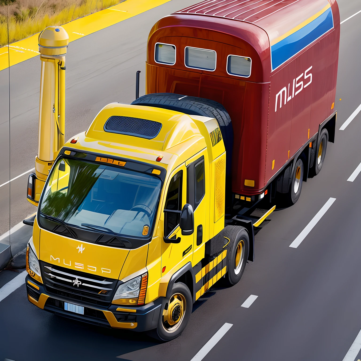 Elon Musk in uniform, yellow cap, red and yellow shirt, blue jeans, behind a yellow truck with red details. --auto --s2