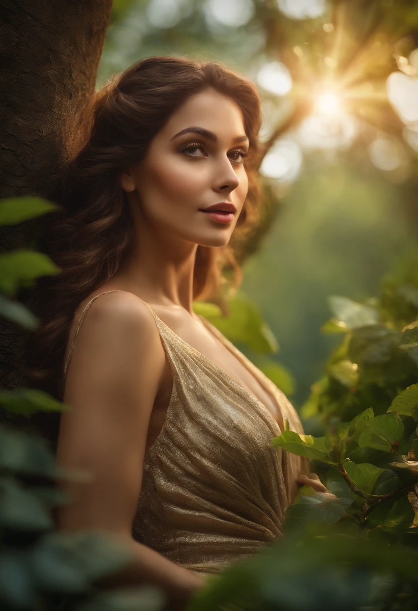(best quality,4k,8k,highres,masterpiece:1.2),ultra-detailed,(realistic,photorealistic,photo-realistic:1.37),oil painting,Adam and Eve,close-up,detailed faces,expressive eyes and lips,beautiful and vibrant colors,flourishing garden,golden hues,soft and warm lighting,serene atmosphere,romantic atmosphere,curious and innocent expressions,subtle shadows,gentle breeze,happiness and harmony,lush green foliage,colorful flowers,elegant and flowing hair,hands gently touching,tree of knowledge in the background, rays of sunlight piercing through the leaves,sparkling water in the distance,a sense of longing and desire,unwavering love written in their eyes,majestic trees towering above,peaceful and tranquil environment,ethereal and dreamlike ambiance