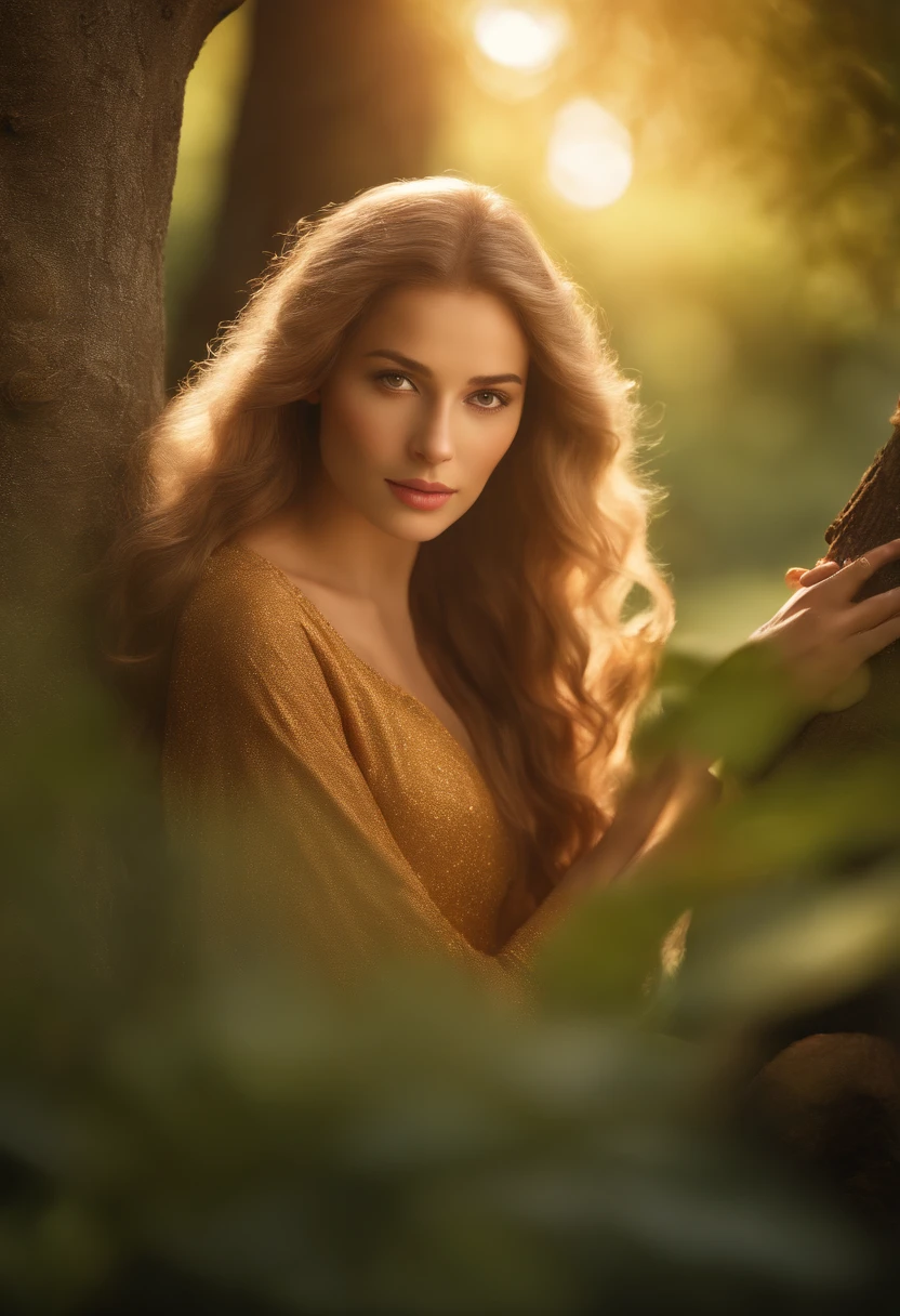 (best quality,4k,8k,highres,masterpiece:1.2),ultra-detailed,(realistic,photorealistic,photo-realistic:1.37),oil painting,Adam and Eve,close-up,detailed faces,expressive eyes and lips,beautiful and vibrant colors,flourishing garden,golden hues,soft and warm lighting,serene atmosphere,romantic atmosphere,curious and innocent expressions,subtle shadows,gentle breeze,happiness and harmony,lush green foliage,colorful flowers,elegant and flowing hair,hands gently touching,tree of knowledge in the background, rays of sunlight piercing through the leaves,sparkling water in the distance,a sense of longing and desire,unwavering love written in their eyes,majestic trees towering above,peaceful and tranquil environment,ethereal and dreamlike ambiance