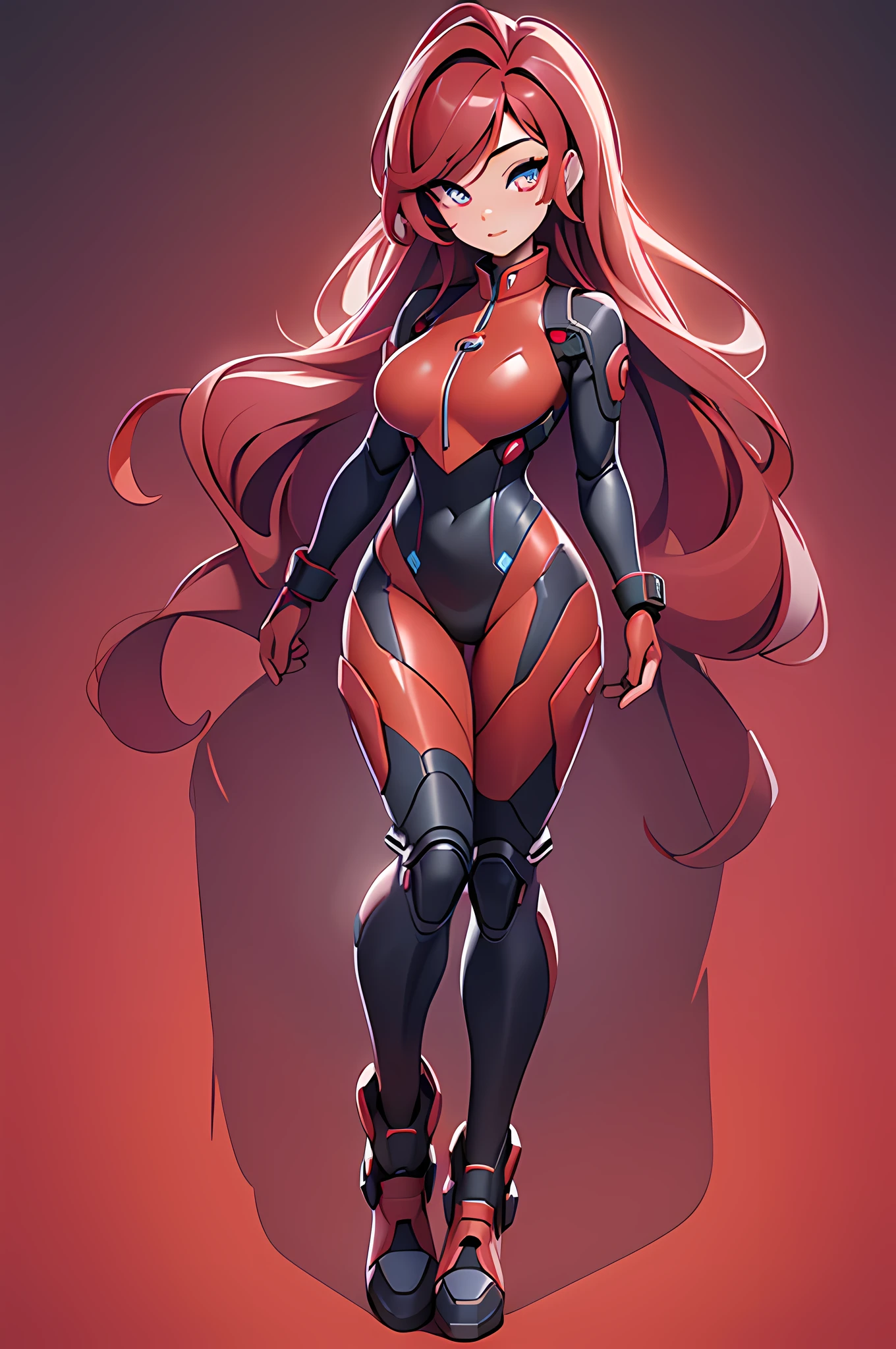 (best quality,4k,8k,highres,masterpiece:1.2), beautiful detailed eyes, beautiful detailed lips, extremely detailed eyes and face, long eyelashes, 1 teen girl, red mech suit, straight red hair, cool sci-fi lighting, space background, vibrant colors, futuristic theme, full body