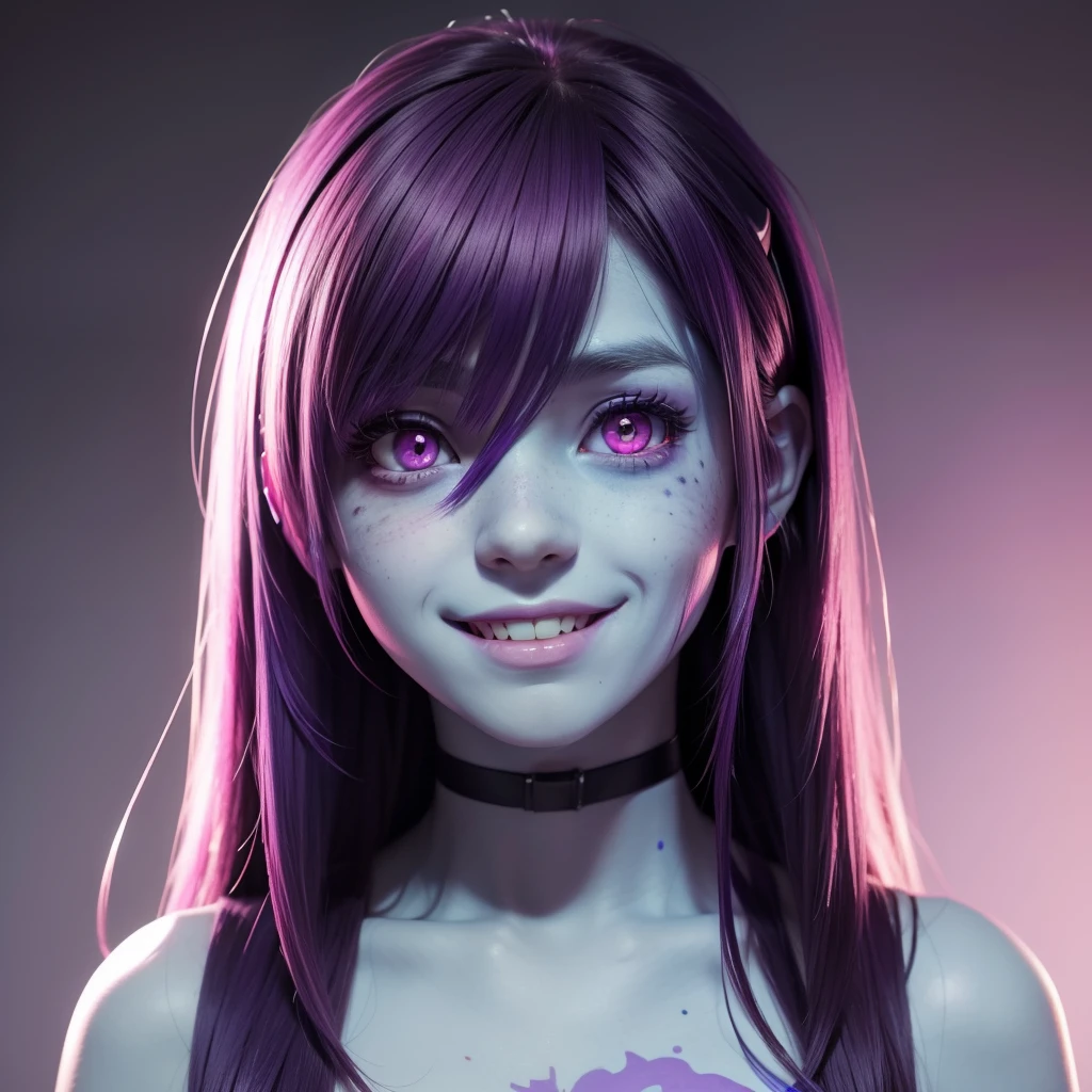 A cute anime (zombie girl) with (dark purple straight hair), freckles, (blue skin), (big pink eyes), pink nose, in aesthetic pose, smiling to the camera. By samdoesarts.