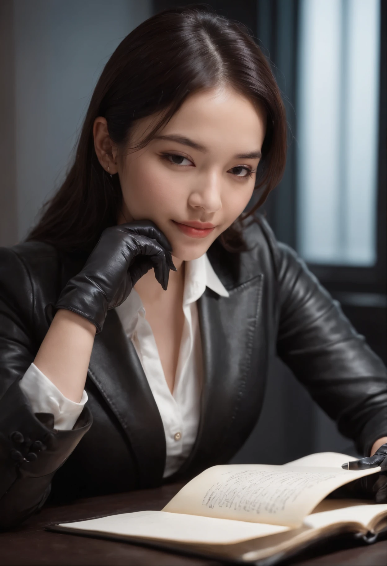 Wearing black leather gloves in both hands, upper body, black business suit, facing the desk in the modern study in the dark, looking down, smiling, writing a letter using a fountain pen, long black hair bundled in the back, still young, young and very cute Japanese female new employee (black leather gloves cover both hands)