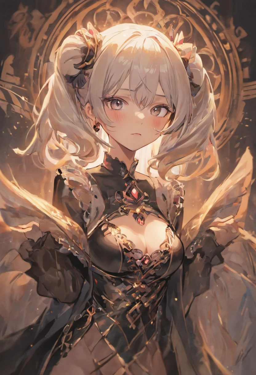 high quality, Rich in details, Silver haired girl with two tails posing cutely. They wear vintage gothic gothic clothing, wearing bracelets, earrings and necklaces. The big ones are also visible. The photo is a close-up of the face, with cleavage, shiny breasts, sweat in the cleavage, and a sexy vibe.