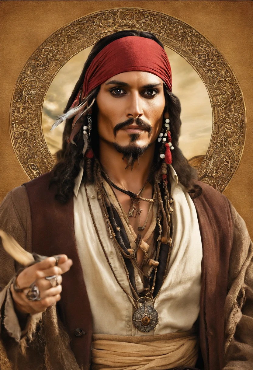 His appearance is a unique blend of elements that reflect his eccentric and adventurous personality. Here is a detailed description of Captain Jack Sparrow's physiognomy::
Rosto:
Jack Sparrow tem um rosto magro e angular, with prominent cheekbones. His complexion is tanned by the Caribbean sun, evidencing years of exposure to the maritime environment.
Cabelo:
Your hair is one of the most iconic features. Jack possui longos cabelos escuros e desgrenhados, que fluem livremente por seus ombros. Her locks are adorned with small braids, contas coloridas e conchas marinhas, refletindo seu estilo de vida pirata.
Barba:
Ele ostenta uma barba espessa e rala, que desce da parte inferior do seu queixo. The beard has an uncovered appearance and is often adorned with small objects, such as pieces of rope or bird feathers.
Olhos:
His eyes are piercing and vivacious, de um tom castanho escuro. They often express malice, cunning and a hint of madness, reflecting Jack's unpredictable personality.
Sobancelhas:
Jack Sparrow tem sobrancelhas finas e arqueadas, which are indicated for his enigmatic facial expression. Elas frequentemente se movem de forma independente, adicionando um toque de excentricidade ao seu olhar.
Nariz:
His nose is straight and progressively elongated, giving it an aristocratic appearance, apesar de seu estilo pirata desalinhado.
Sorriso:
A crooked and charming smile is one of Jack Sparrow's trademarks. Their teeth are imperfect and irregular, which only adds to its appeal.
Roupas:
Jack Sparrow wears an eclectic collection of clothes, with several layers of worn fabrics, vests adorned with brooches and sheets, and many jewelry and accessories, like hoop earrings and rings. Ele usa uma faixa de couro com um coldre vazio para sua espada, Which suggests he's always ready for a duel..