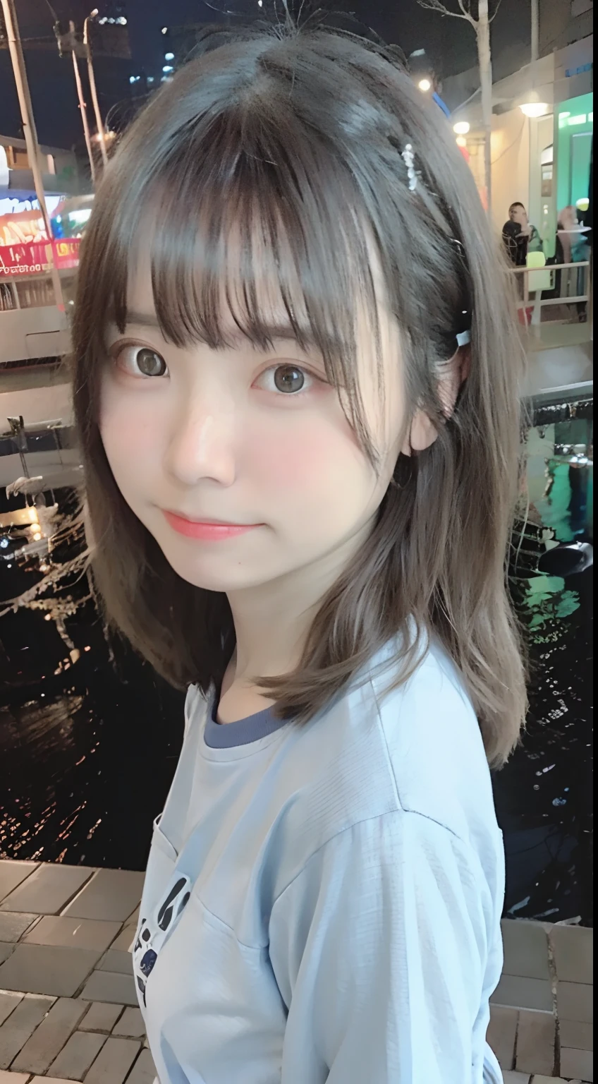 Best Quality, 24 year old,Raw photo, ssmile, Night, bobhair,Digital SLR, Looking at Viewer,Rear view, a small face, Thin arms,chromatic abberation, (Eyes and faces with detailed:1.0), (Bokeh:1.1)