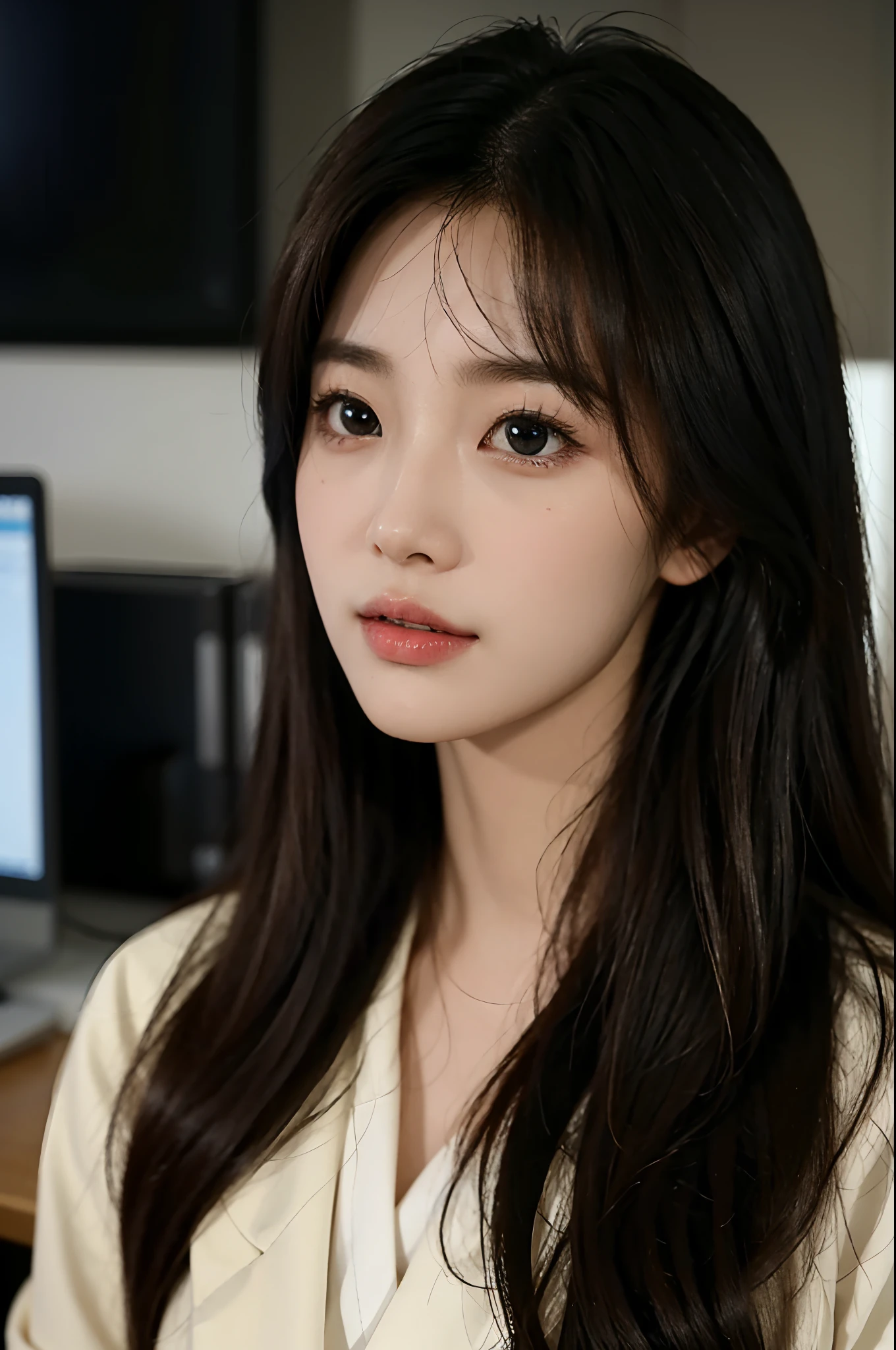 High-res, Realistic portrait of professional korean office lady with perfect skin，Professional suits，Women's suits，stand posture，The upper part of the body，Women in the workplace，Show confidence and maturity, Surrounded by a modern corporate environment, Vibrant and naturally lit highlights. The artwork should emphasize her elegant facial features, Including charming long eyes, Fluttering eyelashes and seductive lips. The scene should be enhanced with elements of professionalism and visual appeal，For example, Stylish work desk, Mainframe computers, High-resolution display, and complex stationery. The overall tone should be warm and professional, Has a soft and natural color palette. The artwork should exude a sense of professionalism, Success, and cultural pride，The background is blurred out