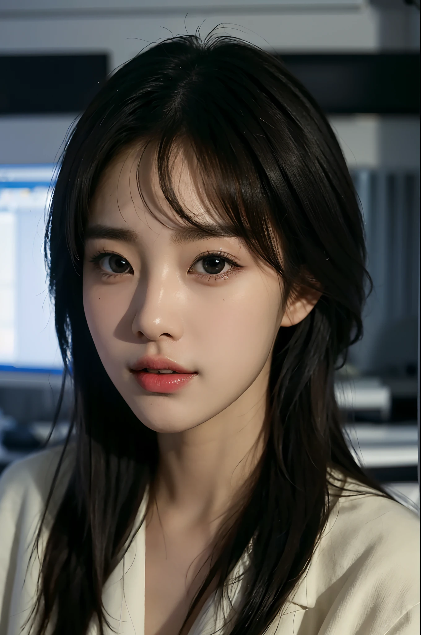 High-res, Realistic portrait of professional korean office lady with perfect skin，Professional suits，Women's suits，stand posture，The upper part of the body，Women in the workplace，Show confidence and maturity, Surrounded by a modern corporate environment, Vibrant and naturally lit highlights. The artwork should emphasize her elegant facial features, Including charming long eyes, Fluttering eyelashes and seductive lips. The scene should be enhanced with elements of professionalism and visual appeal，For example, Stylish work desk, Mainframe computers, High-resolution display, and complex stationery. The overall tone should be warm and professional, Has a soft and natural color palette. The artwork should exude a sense of professionalism, Success, and cultural pride，The background is blurred out