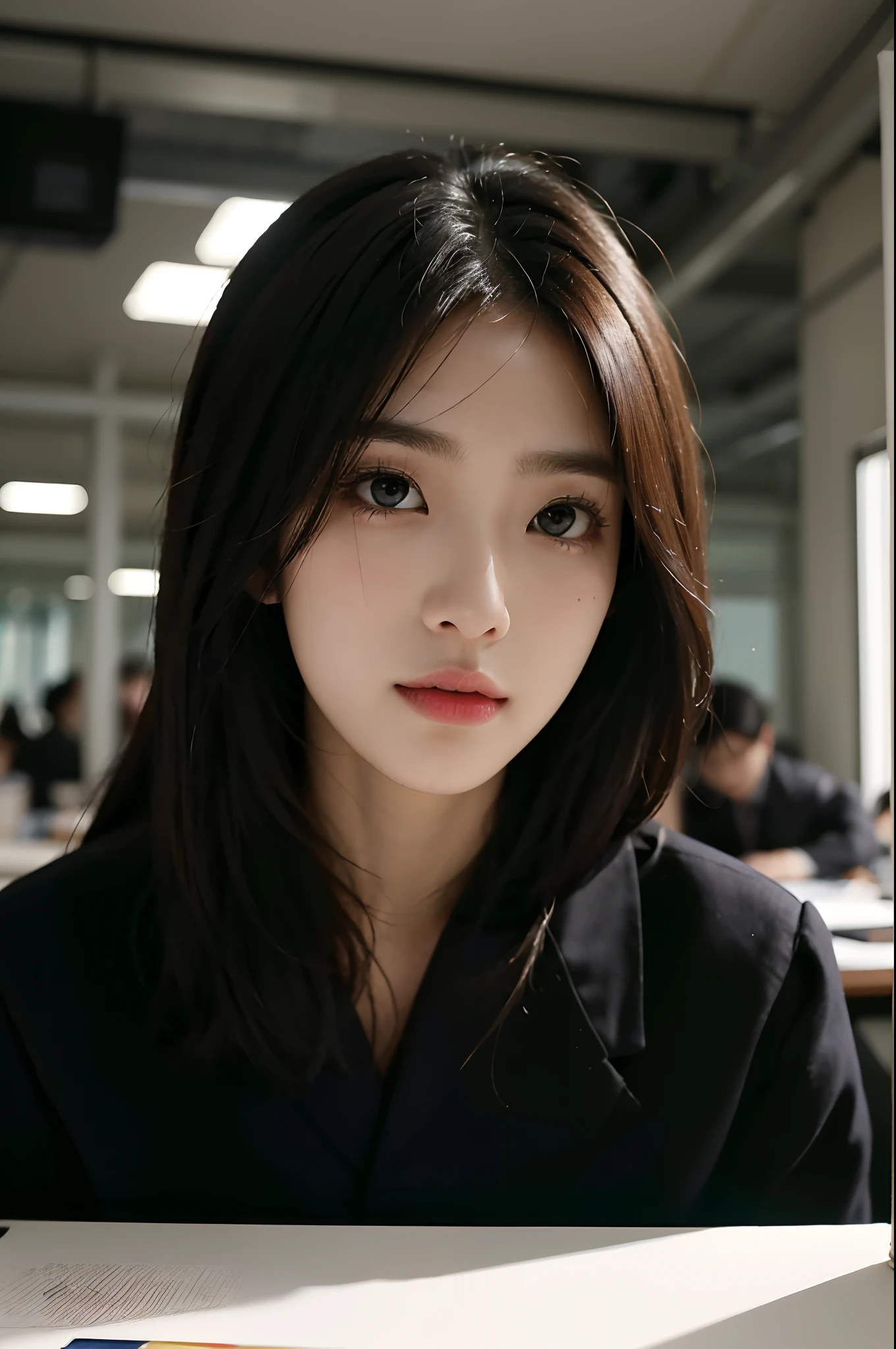 High-res, Realistic portrait of professional korean office lady with perfect skin，Professional suits，Women's suits，stand posture，The upper part of the body，Women in the workplace，Show confidence and maturity, Surrounded by a modern corporate environment, Vibrant and naturally lit highlights. The artwork should emphasize her elegant facial features, Including charming long eyes, Fluttering eyelashes and seductive lips. The scene should be enhanced with elements of professionalism and visual appeal，For example, Stylish work desk, Mainframe computers, High-resolution display, and complex stationery. The overall tone should be warm and professional, Has a soft and natural color palette. The artwork should exude a sense of professionalism, Success, and cultural pride，The background is blurred out