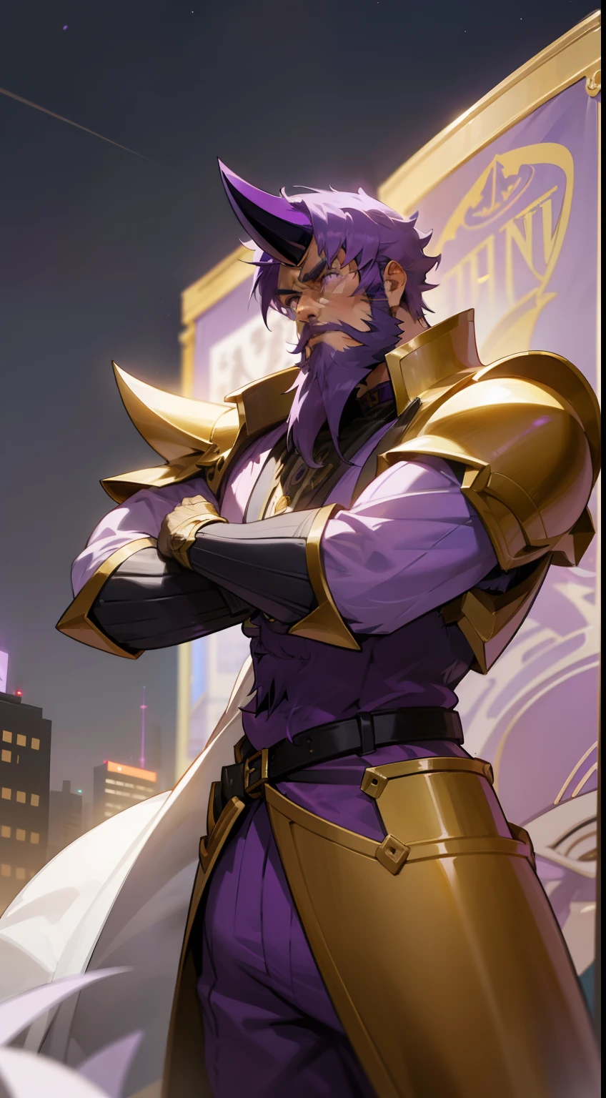 1man, ((purple beard,purple hair)),40s,black horn,solo,muscle,white eyes,short hair, templar golden knight outfit,serious face,masterpiece,hd,4k,detailed face,best quality,night city