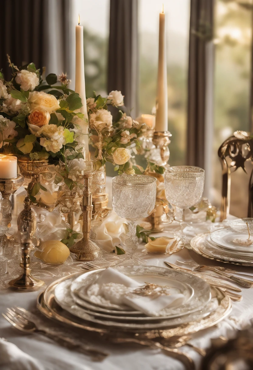 (Best quality,4K,8K,A high resolution,Masterpiece:1.2),Ultra-detailed,Amazingly beautiful table set,Delicate flower arrangement,Natural lighting,Golden candlelight,Soft and warm color palette,Inviting atmosphere,Homely,Simple and elegant,Harmonious composition,Meticulous attention to detail,subtletextures,Tastefully furnished,Translucent glassware,Delicious fresh fruit,Crystal clear water droplets on the fruit,Crispy and juicy,Refreshing,Lovely scent of flowers and fruits,Exquisite porcelain dinner plate,Smooth and glossy surface,Vintage silverware,Exquisite and gorgeous design,Romantic and cozy atmosphere,Relaxing and comfortable,serenity and calm,Healthy and inviting,Tablecloth with intricate lace pattern,Elegant pleats and curtains,Rich brown color,Subtle shadows and highlights,soft natural lighting,A soothing and peaceful atmosphere,A central ornament made of vibrant seasonal flowers,Delicate buds and flowers,a faint fragrance in the air,The petals are beautifully arranged,Soft and natural texture,A warm and inviting color palette,Authentic and rustic elements,Crimson wine,Crystal clear wine glasses,Bubbles that surface,Candlelight reflection,glittery,Cleavage is seductive,Green leaves and green leaves,Add a touch of freshness and nature,Lovely contrast between greenery and fruit,Symbolizes abundance and vitality,A feast for the senses.in a panoramic view