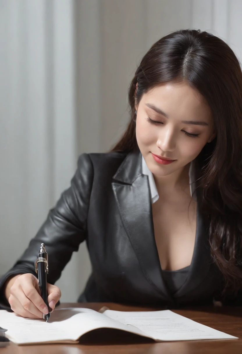 Wearing black leather gloves in both hands, upper body, black business suit, facing the desk in my room with a computer in the dark, looking down and smiling, writing a letter using a fountain pen, black hair bundled in the back for a long time, still young and very cute Japanese female new employee (black leather gloves cover both hands)