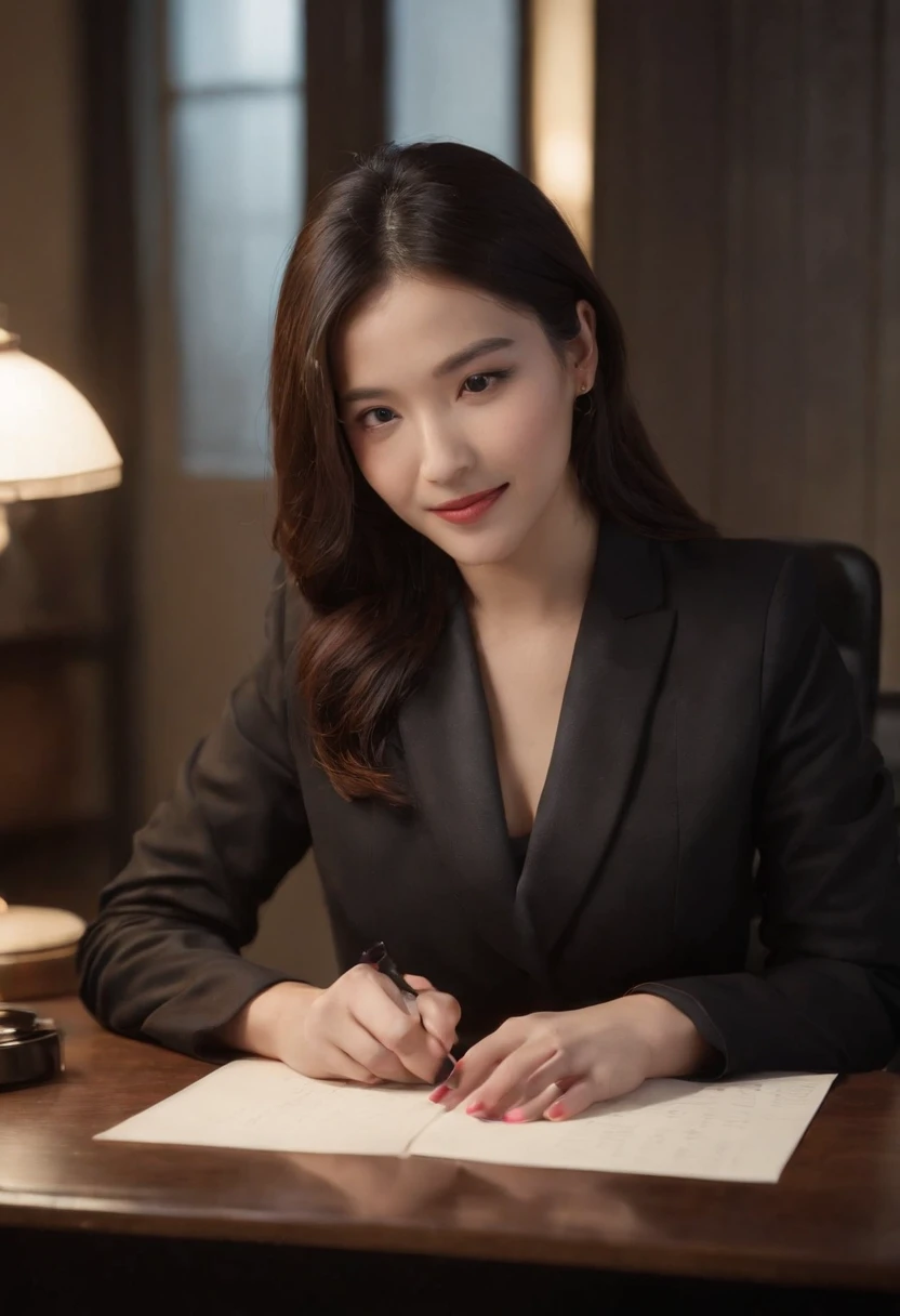 Wearing black leather gloves in both hands, upper body, black business suit, facing the desk in my room with a computer in the dark, looking down and smiling, writing a letter using a fountain pen, black hair bundled in the back for a long time, still young and very cute Japanese female new employee (black leather gloves cover both hands)