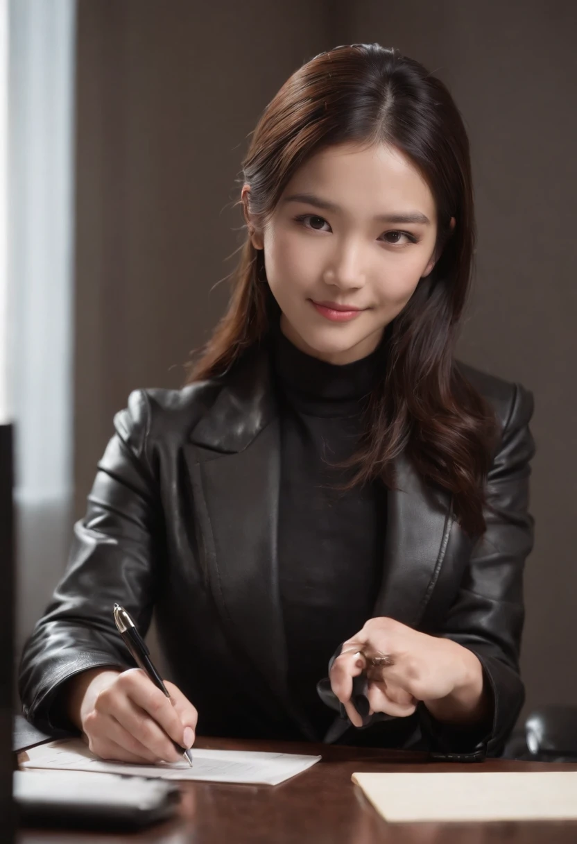 Wearing black leather gloves in both hands, upper body, black business suit, facing the desk in my room with a computer in the dark, looking down and smiling, writing a letter using a fountain pen, black hair bundled in the back for a long time, still young and very cute Japanese female new employee (black leather gloves cover both hands)