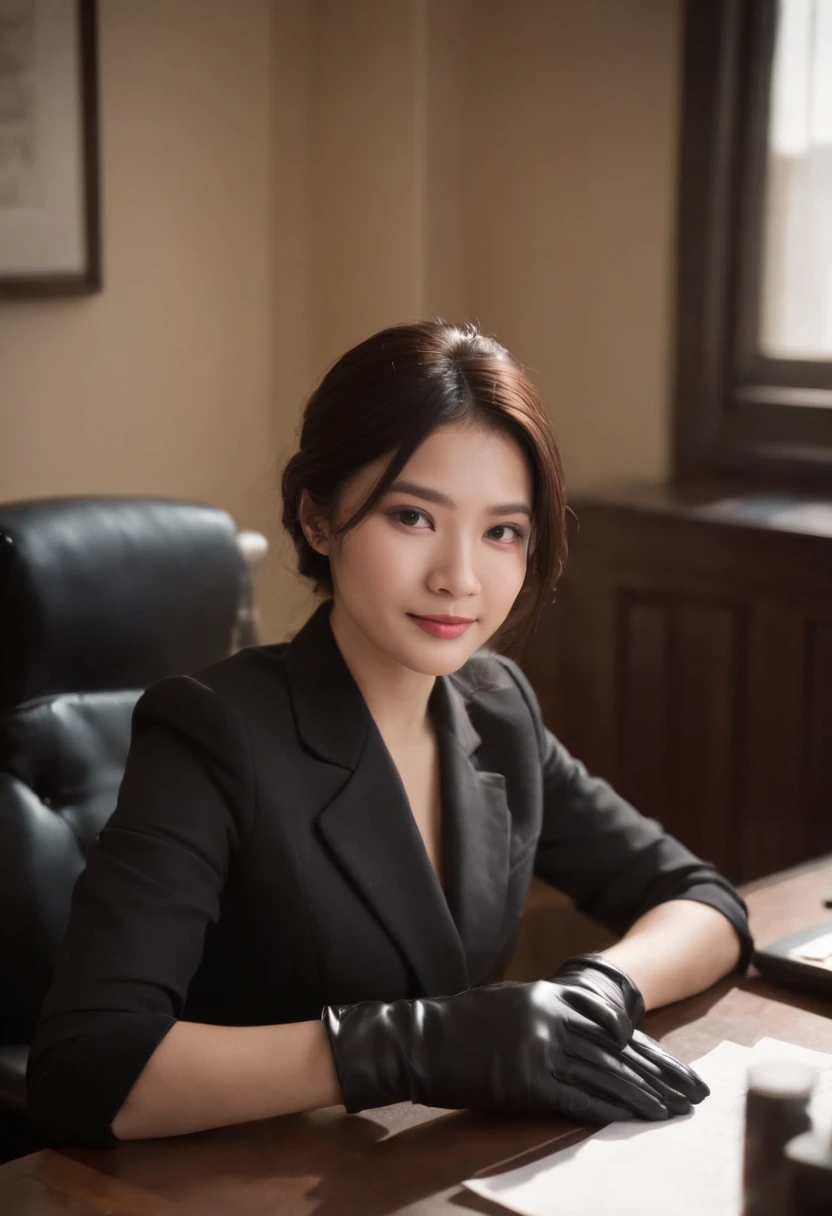 Wearing black leather gloves in both hands, upper body, black business suit, facing the desk in my room with a computer in the dark, looking down and smiling, writing a letter using a fountain pen, black hair bundled in the back for a long time, still young and very cute Japanese female new employee (black leather gloves cover both hands)