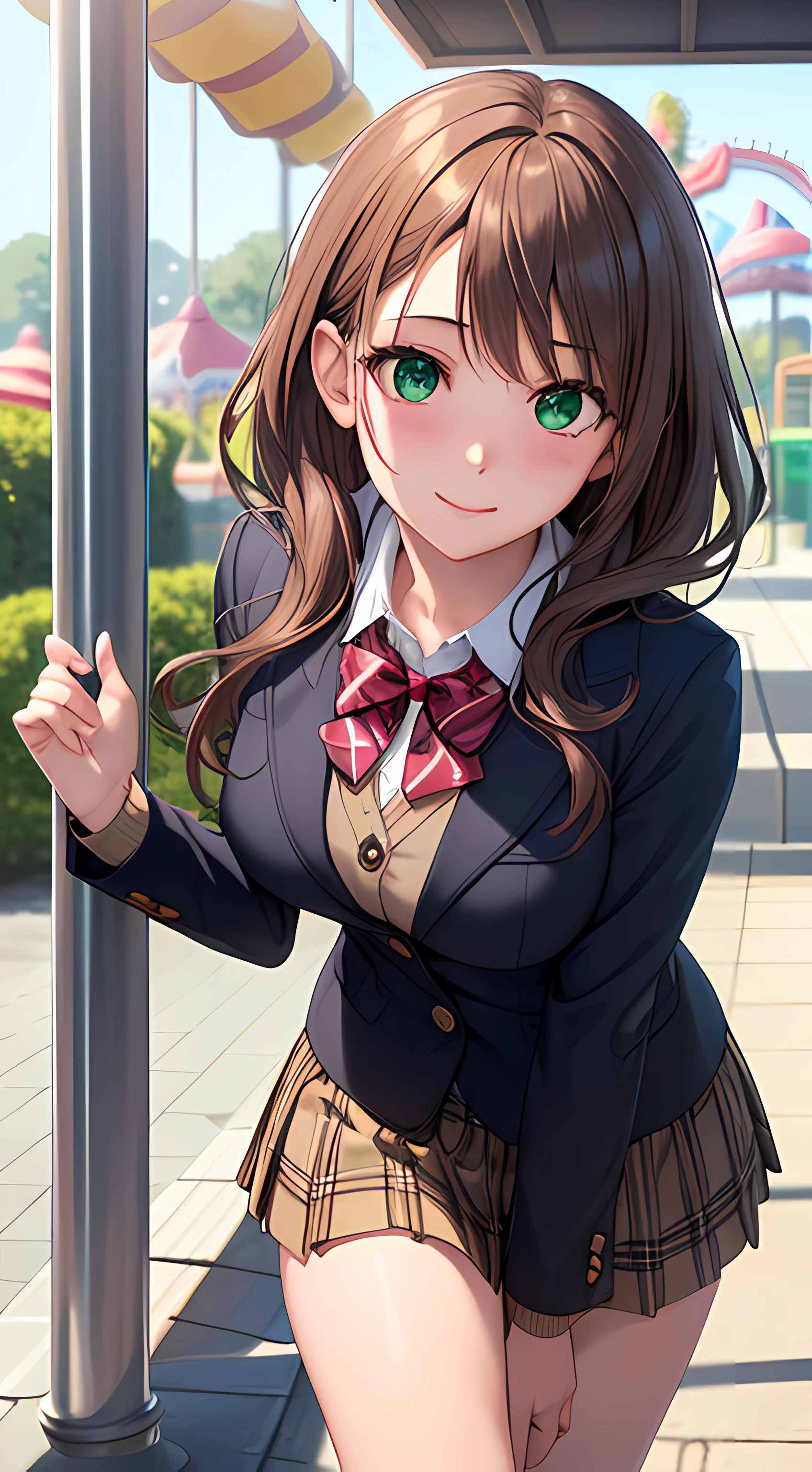 ((masterpiece, best quality, highres, UHD, perfect pixel, depth of field, 4k, RTX, HDR))), 1girl, single, solo, beautiful anime girl, beautiful artstyle, anime character, ((long hair, bangs, brown hair, curly hair:0.5)), ((green eyes:1.4, rounded eyes, beautiful eyelashes, realistic eyes)), ((detailed face, blushing:1.2)), ((smooth texture:0.75, realistic texture:0.65, photorealistic:1.1, anime CG style)), medium breasts, dynamic angle, perfect body, ((portrait, pov)), ((red bowtie, school uniform, black jacket, open jacket, brown cardigan, white shirt, black skirt, plaid skirt)), smile, leaning forward, hands behind back, amusement park