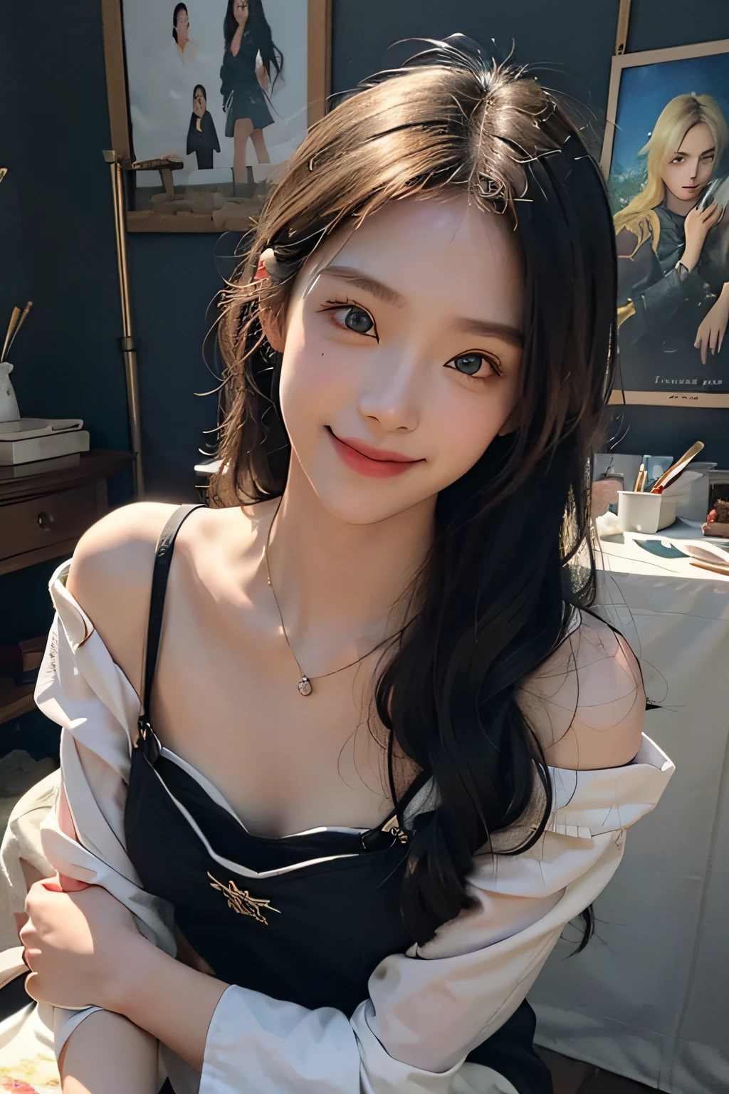 best quality, ultra high resolution, (realistically:1.4),japanese Girl,European style apartment,A pair of clear and charming peach blossom eyes, Royal sister,The sun shines on the face,big breasts,Big long wavy hairs, side comma hairstyle Showing forhead(necklace:1.2),(White skin:1.4),a sense of atmosphere,a beautiful girl, Smile,looking directly at the viewer, (lifelike:1.4),1 girl,Sexy,(Upper body:1.4),(wet),(:1.2)