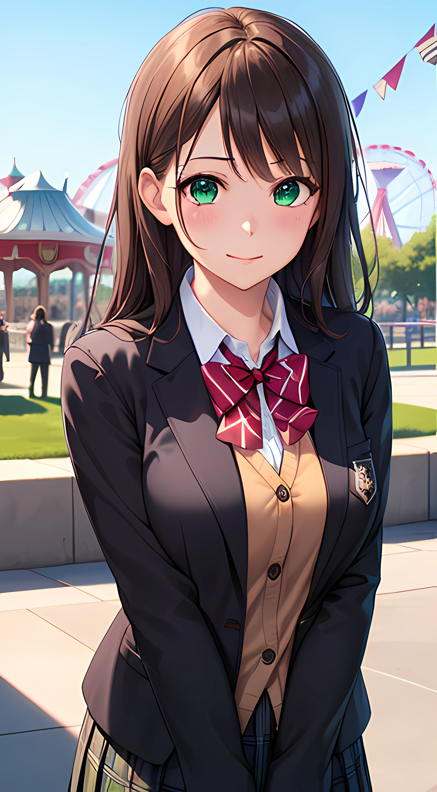 ((masterpiece, best quality, highres, UHD, perfect pixel, depth of field, 4k, RTX, HDR))), 1girl, single, solo, beautiful anime girl, beautiful artstyle, anime character, ((long hair, bangs, brown hair, curly hair:0.5)), ((green eyes:1.4, rounded eyes, beautiful eyelashes, realistic eyes)), ((detailed face, blushing:1.2)), ((smooth texture:0.75, realistic texture:0.65, photorealistic:1.1, anime CG style)), medium breasts, dynamic angle, perfect body, ((portrait, pov)), ((red bowtie, school uniform, black jacket, open jacket, brown cardigan, white shirt, black skirt, plaid skirt)), smile, leaning forward, hands behind back, amusement park