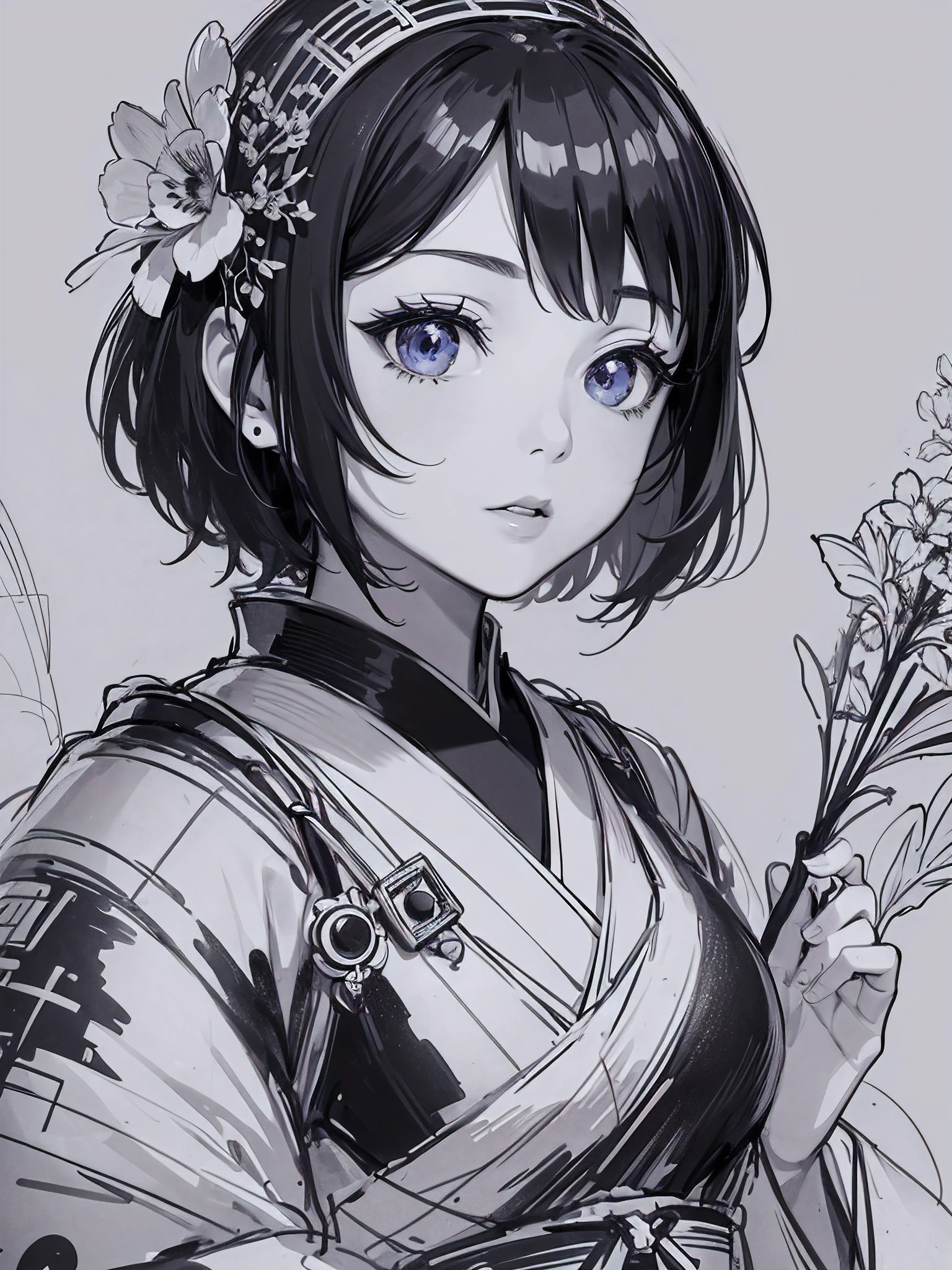 masterpiece, acura, doll, solo, hanfu, short hair,close-up, flower line drawing background, white background, monochrome, line drawing, ((sketch))