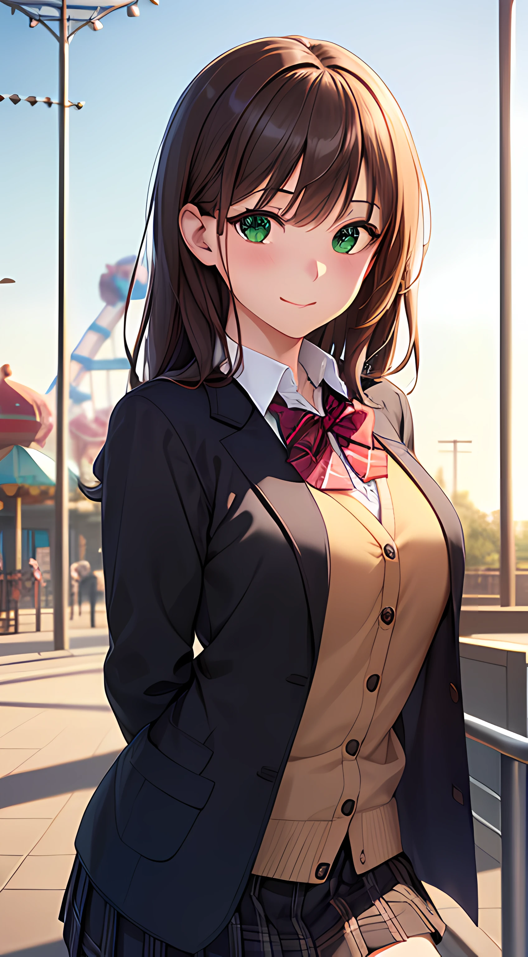 ((masterpiece, best quality, highres, UHD, perfect pixel, depth of field, 4k, RTX, HDR))), 1girl, single, solo, beautiful anime girl, beautiful artstyle, anime character, ((long hair, bangs, brown hair, curly hair:0.5)), ((green eyes:1.4, rounded eyes, beautiful eyelashes, realistic eyes)), ((detailed face, blushing:1.2)), ((smooth texture:0.75, realistic texture:0.65, photorealistic:1.1, anime CG style)), medium breasts, dynamic angle, perfect body, ((portrait, pov)), ((red bowtie, school uniform, black jacket, open jacket, brown cardigan, white shirt, black skirt, plaid skirt)), smile, leaning forward, hands behind back, amusement park