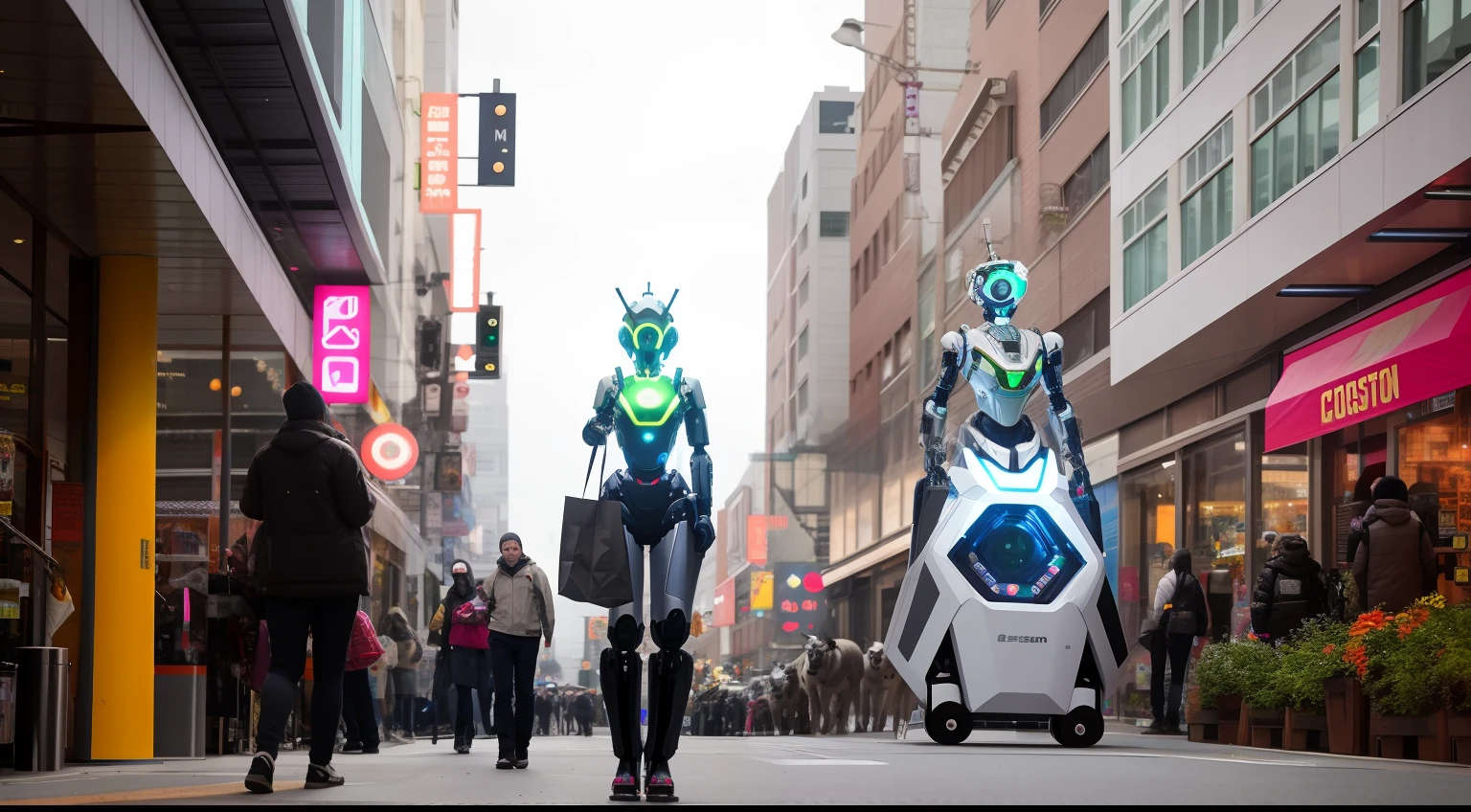 [Award-winning photo portrait，A female robot carrying a shopping bag stands outside a bustling city street:Winning photo of the Chrome Boston Dynamics robot, Lights neon:0.31，Cidade futuristica，cyber punk perssonage]