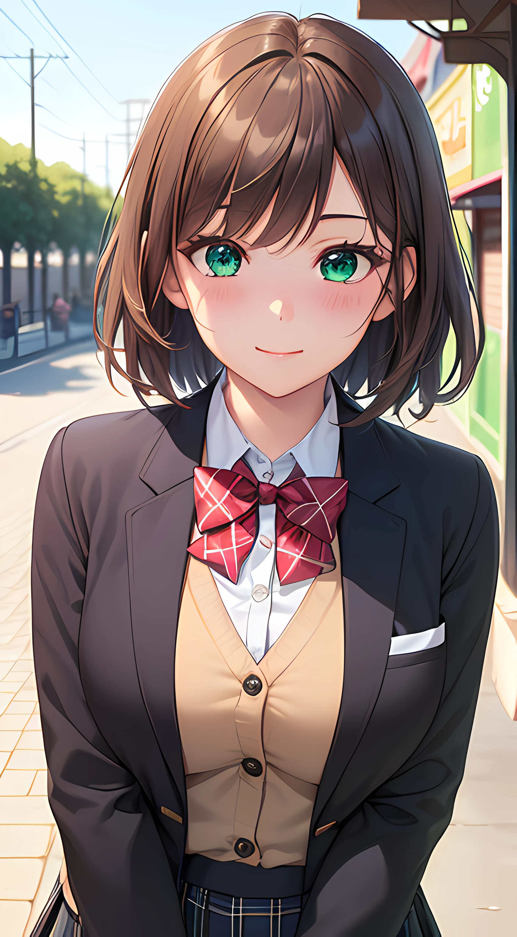 ((masterpiece, best quality, highres, UHD, perfect pixel, depth of field, 4k, RTX, HDR))), 1girl, single, solo, beautiful anime girl, beautiful artstyle, anime character, ((long hair, bangs, brown hair, curly hair:0.5)), ((green eyes:1.4, rounded eyes, beautiful eyelashes, realistic eyes)), ((detailed face, blushing:1.2)), ((smooth texture:0.75, realistic texture:0.65, photorealistic:1.1, anime CG style)), medium breasts, dynamic angle, perfect body, ((portrait, pov)), ((red bowtie, school uniform, black jacket, open jacket, brown cardigan, white shirt, black skirt, plaid skirt)), smile, hands up, amusement park