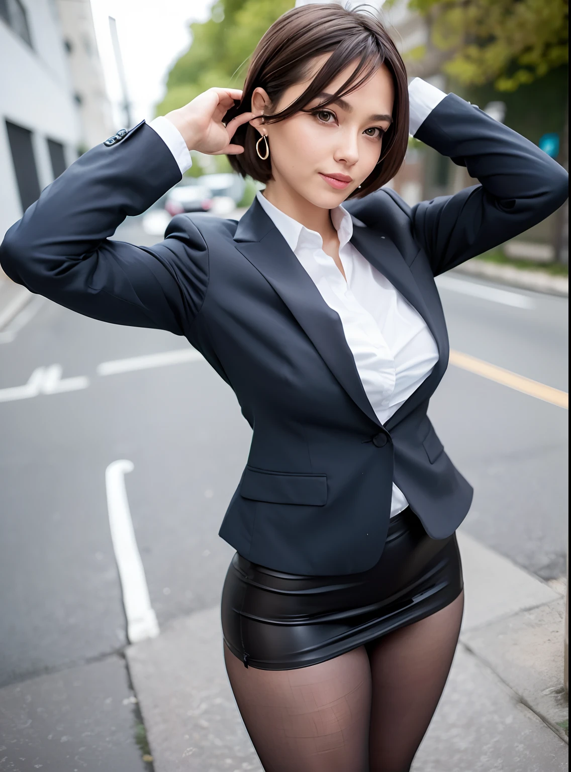 (8K, top-quality, ​masterpiece:1.2), (realisitic, Photorealsitic:1.37), ultra-detailliert, 1 girl in, full body Esbian, outside of house, (Adjusted hair:1.5) Officelady, Black Office Blazer, Office Skirt, (panthyhose: 1.2)、(Short button-down shirt:1.2)、Button Up Color Prim、Button Down Color Prim、bura、(panthyhose:1.2)、Alpha Layer、high-heels、earring beautiful、cute little、(独奏)、Beautiful detailed sky、(A smile:1.15)、(Mouth closed)、Big breasts、Eyes in Beautiful Details、Business attire、（short-hair：1.2）、Floating Hair NovaFrogStyle、